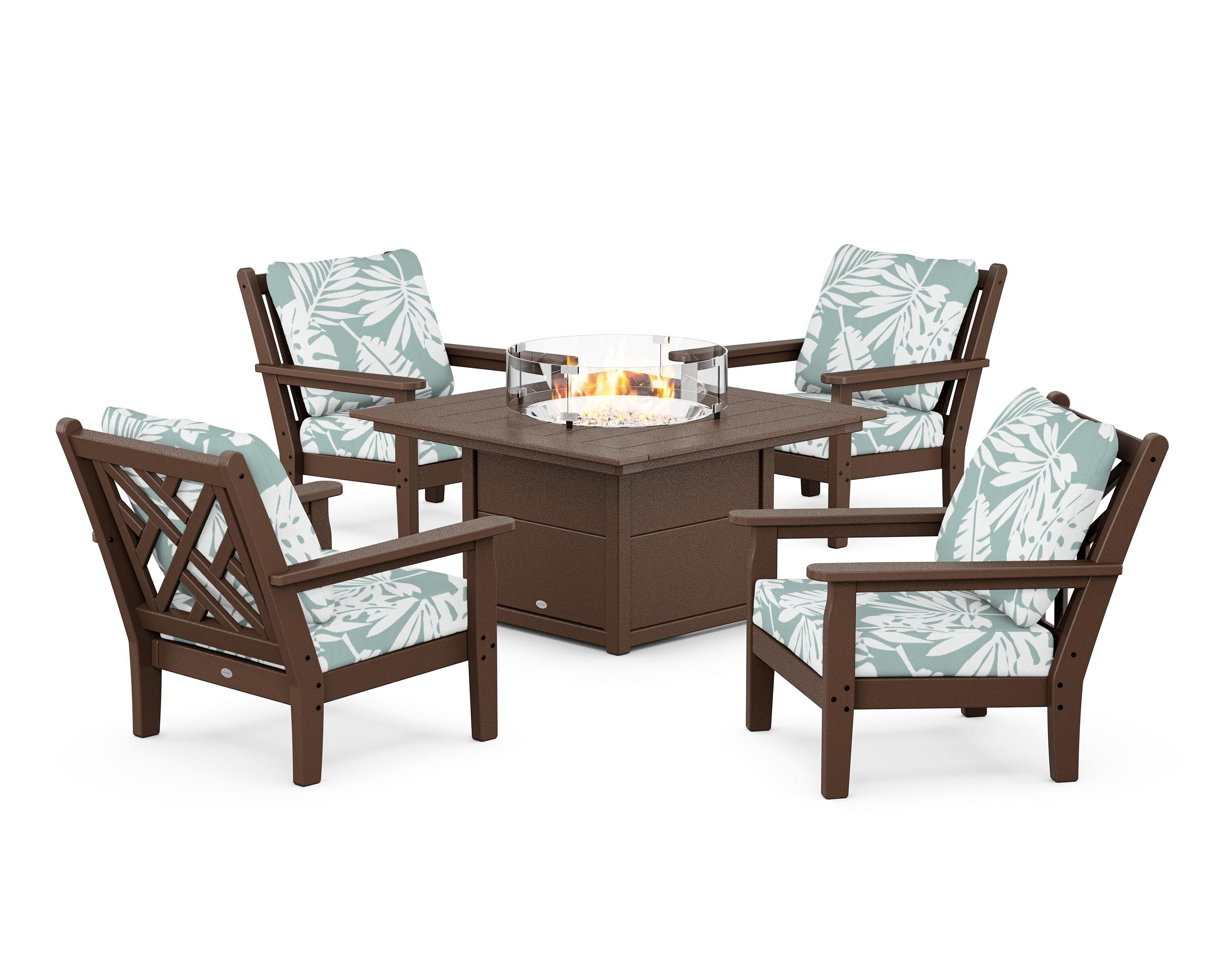 POLYWOOD Chippendale 5-Piece Deep Seating Set with Fire Pit Table in Mahogany / Leaf Glacier Spa