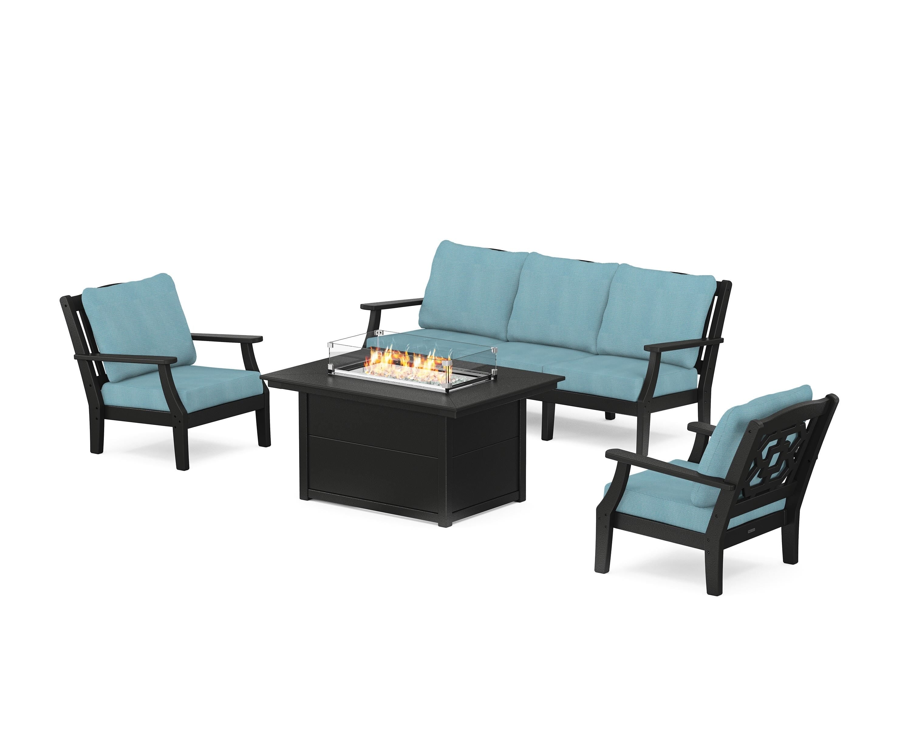 Martha Stewart by POLYWOOD Chinoiserie Deep Seating Fire Pit Table Set in Black / Lattice Sky Blue