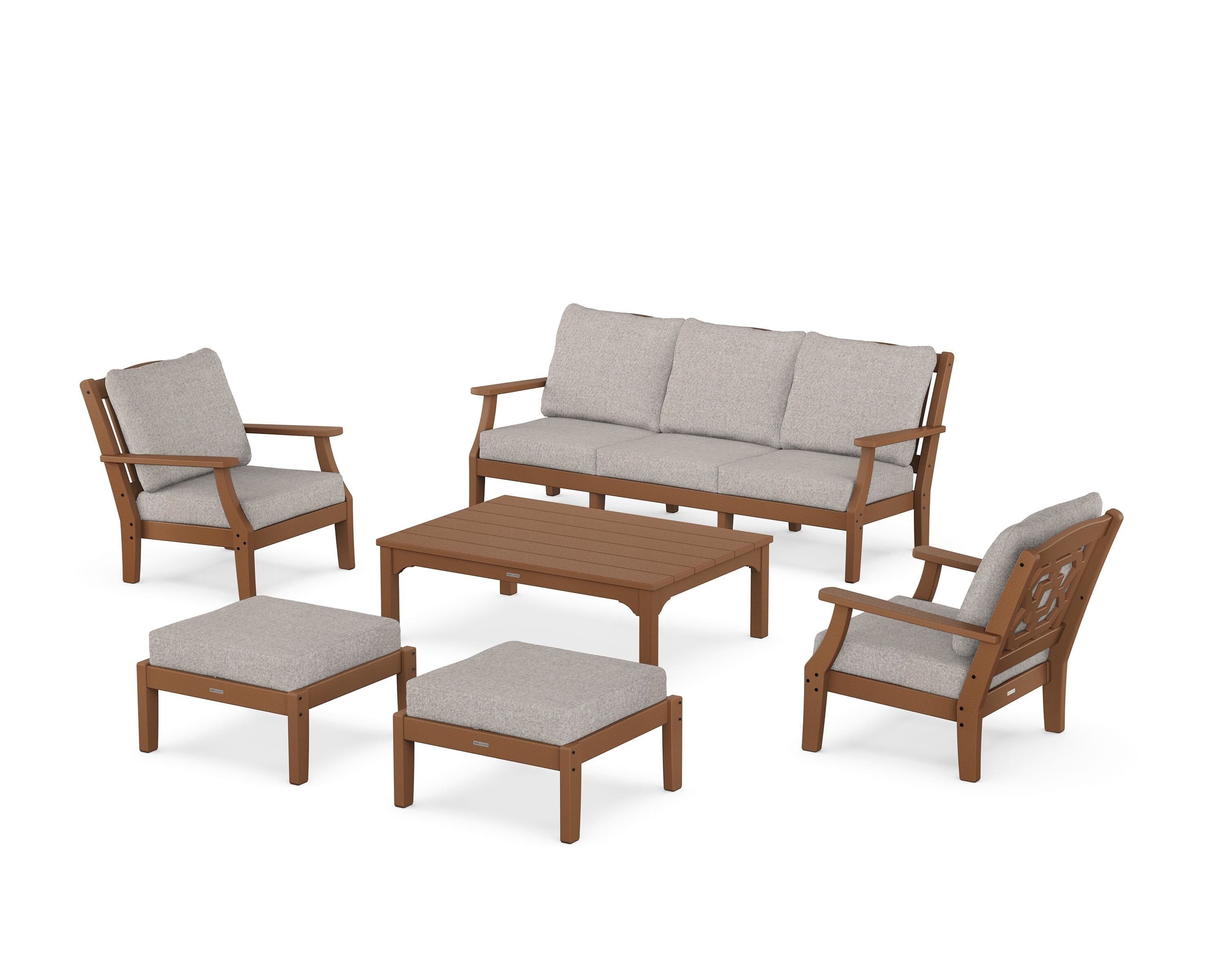 Martha Stewart by POLYWOOD Chinoiserie 6-Piece Lounge Sofa Set in Teak / Weathered Tweed