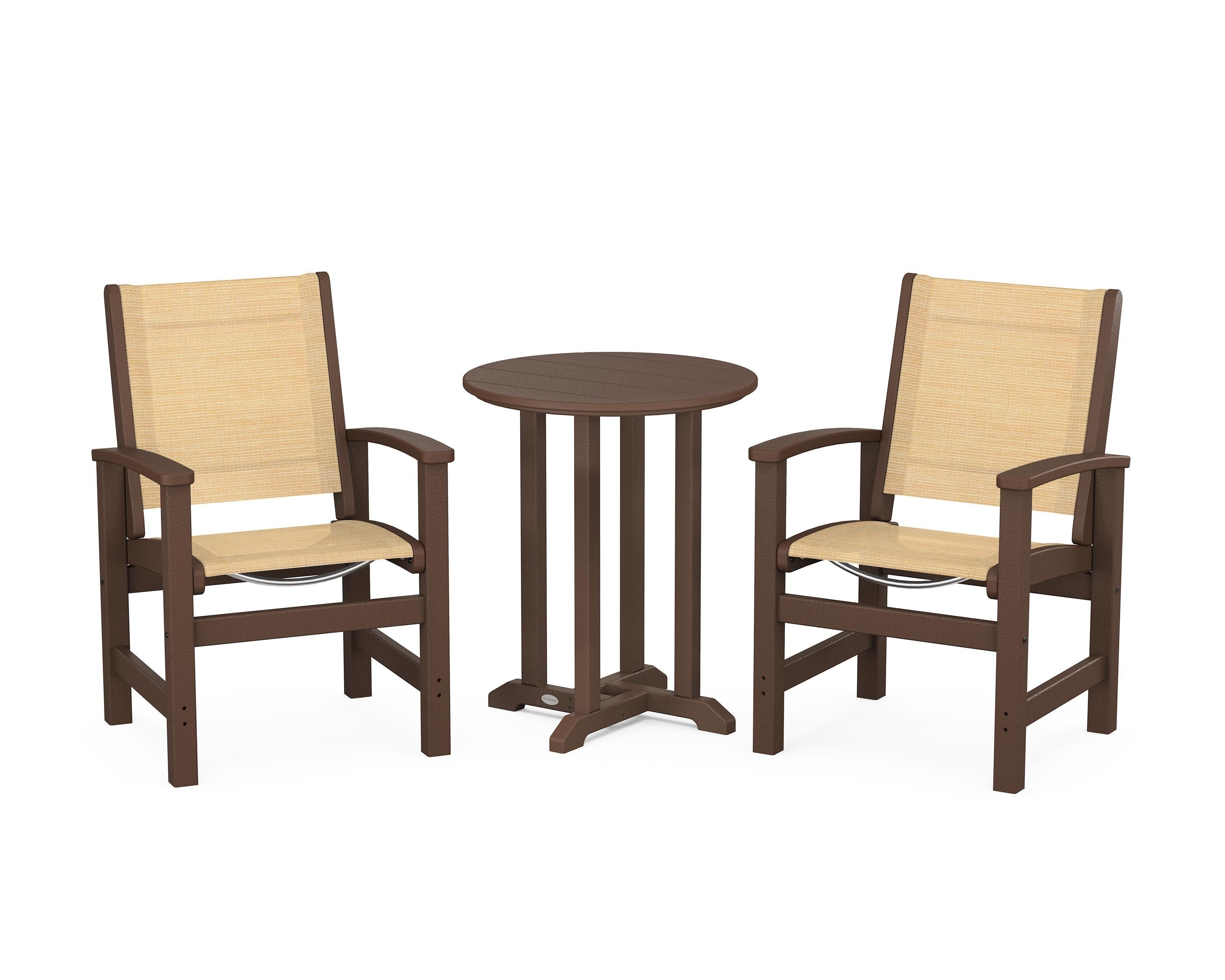 POLYWOOD Coastal 3-Piece Round Bistro Dining Set in Mahogany / Dupioni Apricot Sling