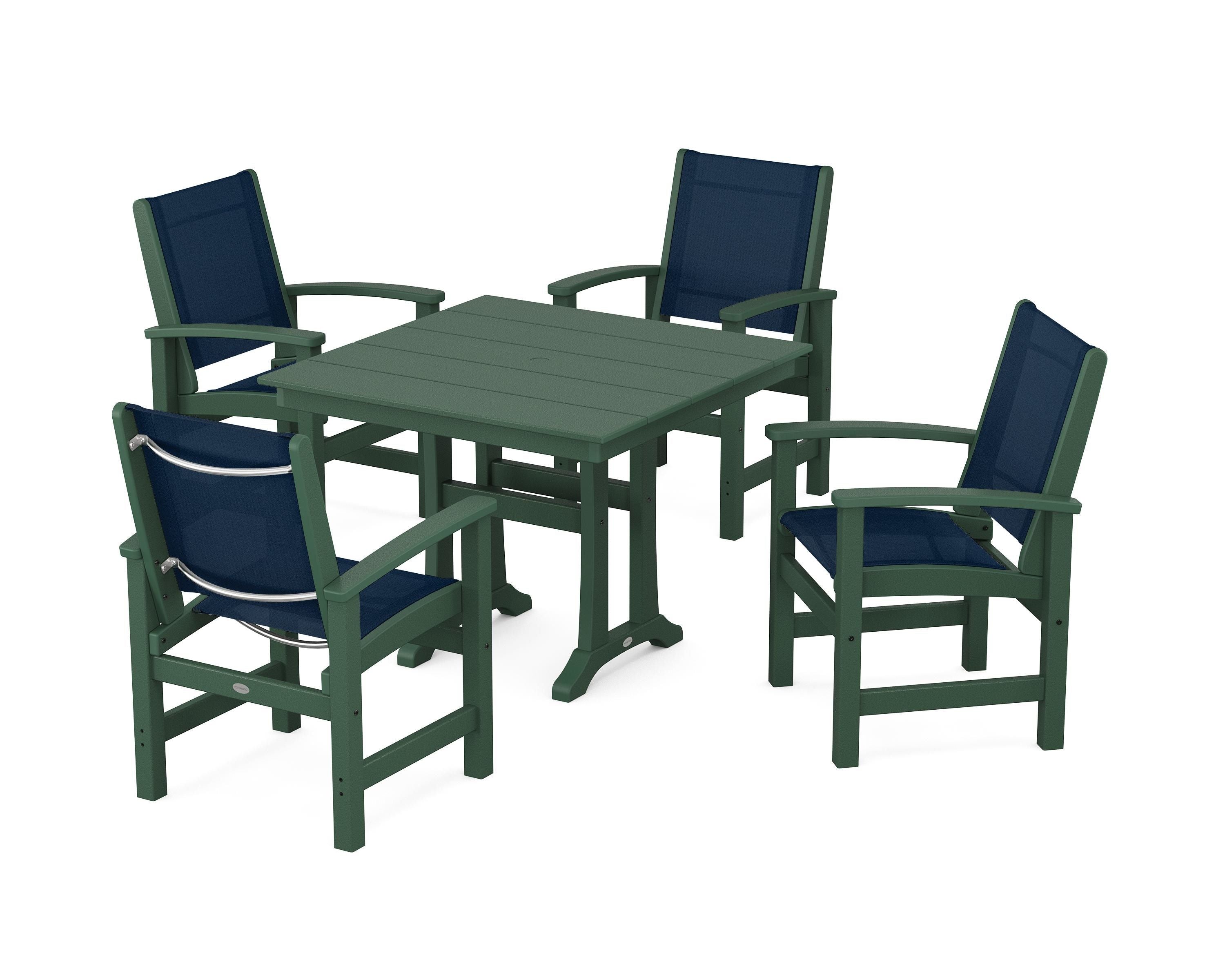 POLYWOOD Coastal 5-Piece Farmhouse Dining Set With Trestle Legs in Green / Navy Blue Sling