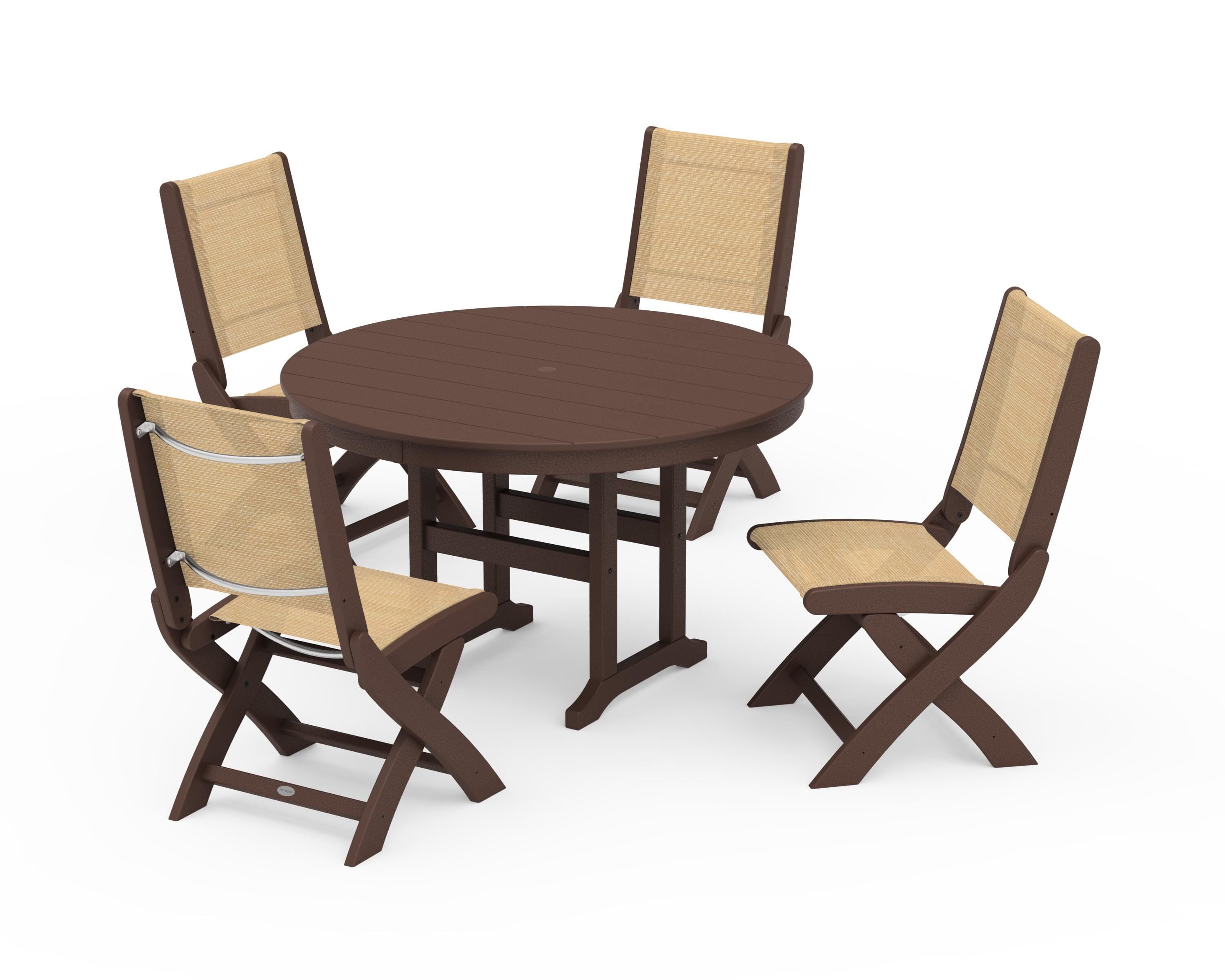 POLYWOOD Coastal Folding Side Chair 5-Piece Round Dining Set in Mahogany / Dupioni Apricot Sling