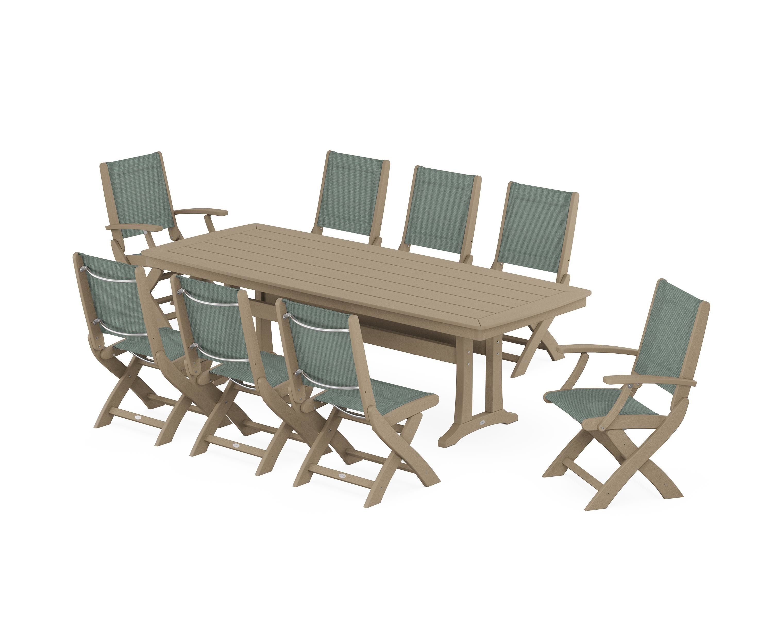 POLYWOOD Coastal Folding 9-Piece Dining Set with Trestle Legs in Vintage Sahara / Dupioni Sea Mist Sling