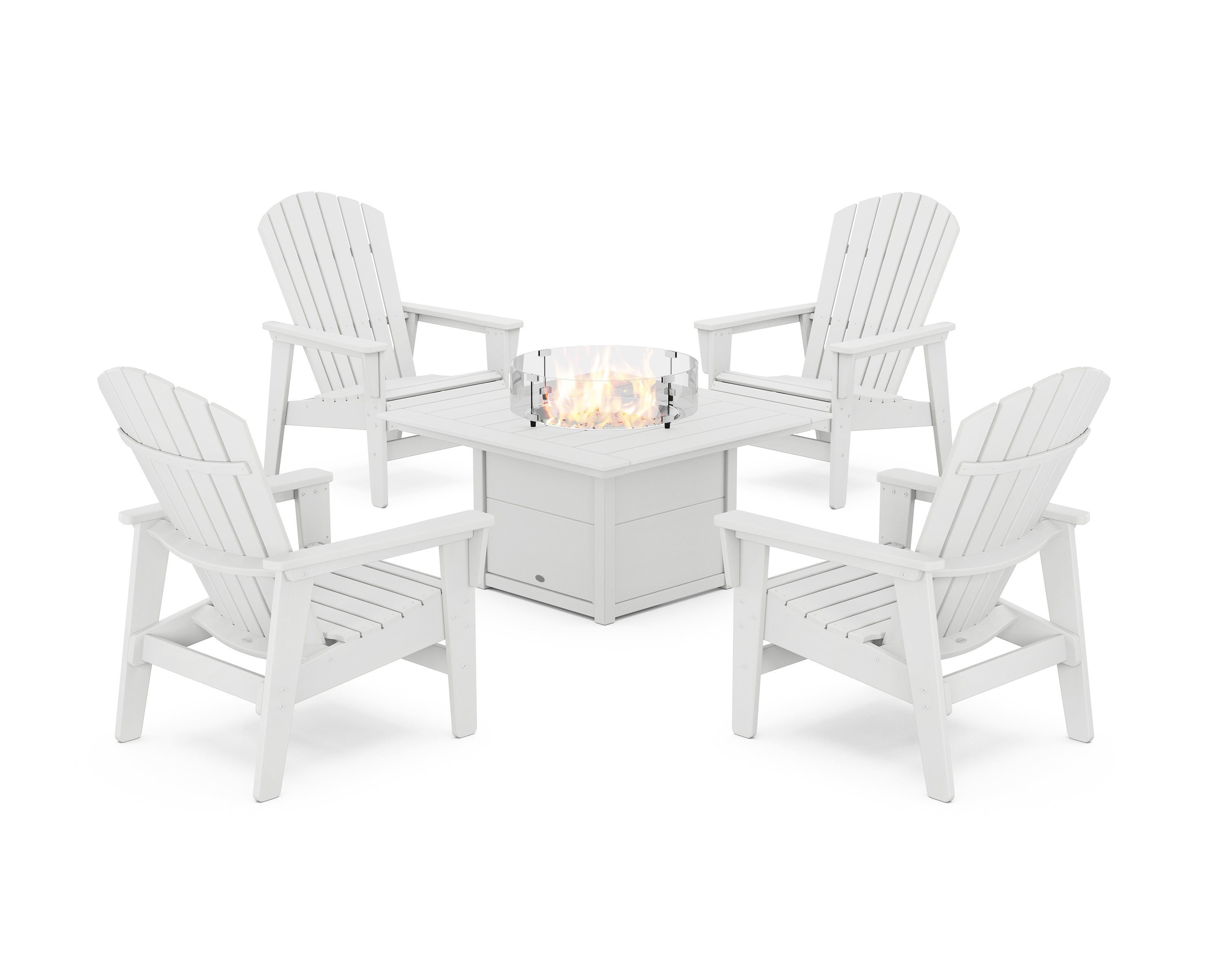 POLYWOOD 5-Piece Nautical Grand Upright Adirondack Conversation Set with Fire Pit Table in White