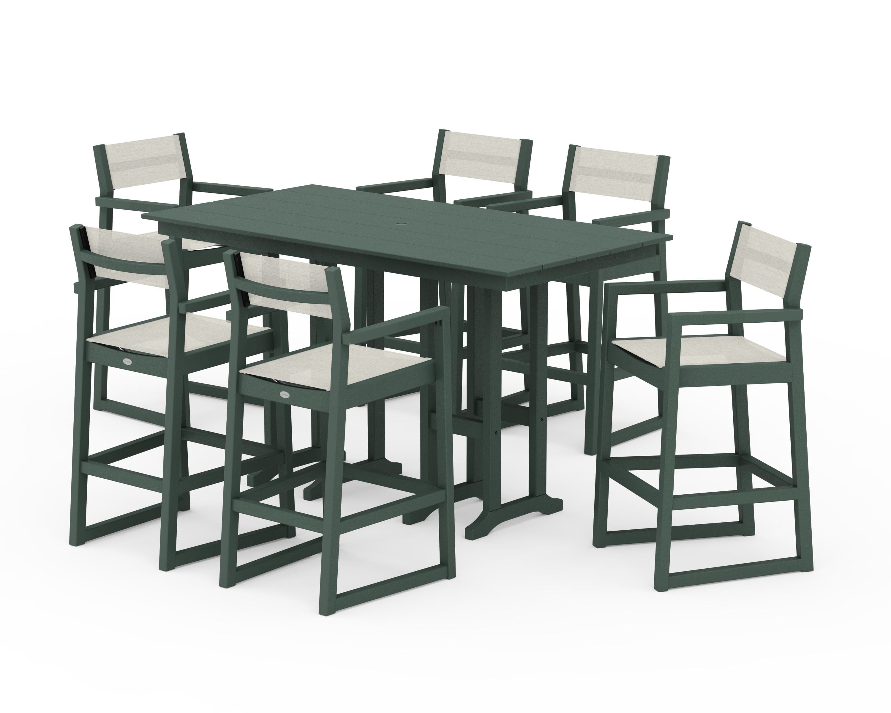 POLYWOOD EDGE Sling Arm Chair 7-Piece Farmhouse Bar Set in Green / Parchment Sling