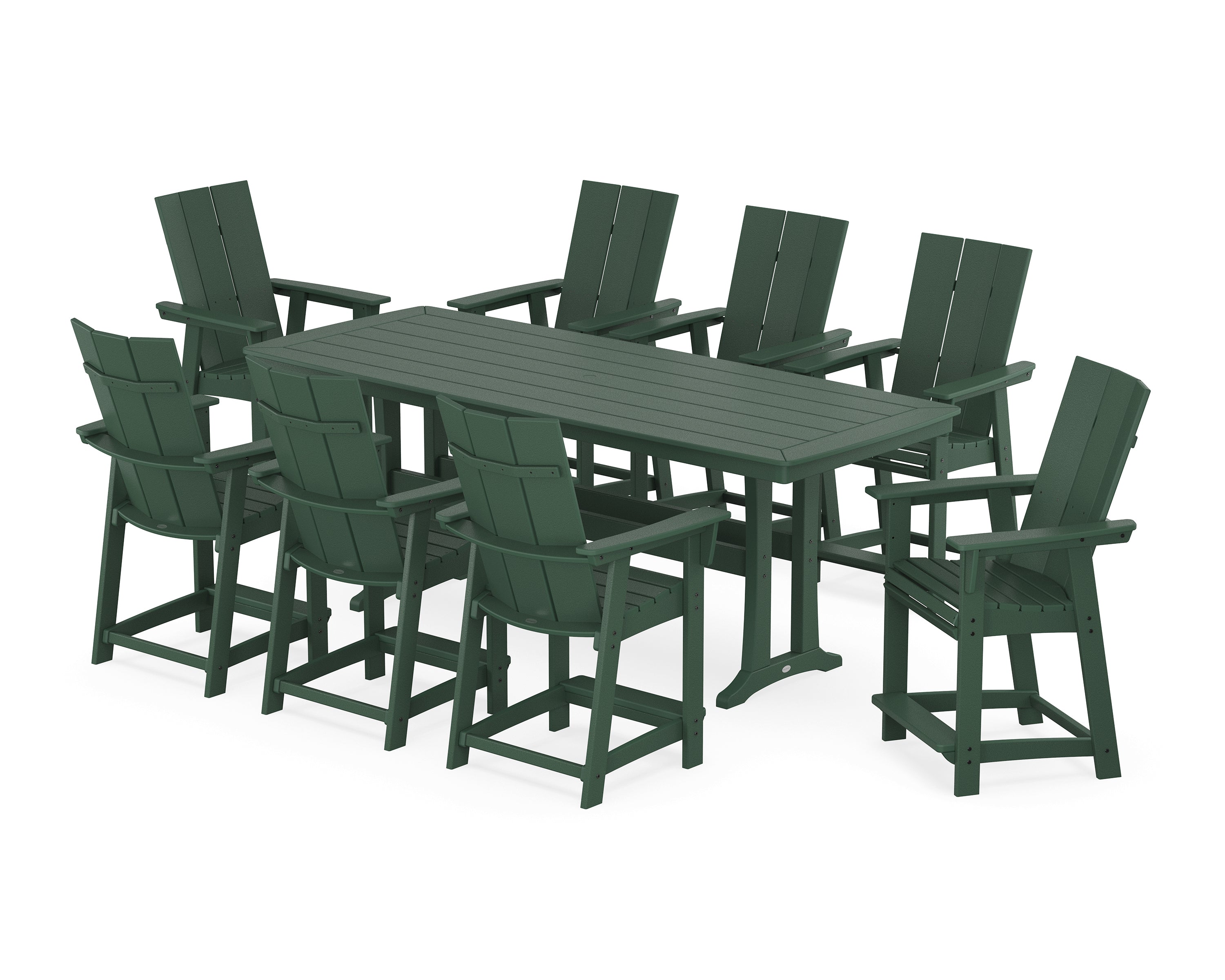 POLYWOOD® Modern Curveback Adirondack 9-Piece Counter Set with Trestle Legs in Green