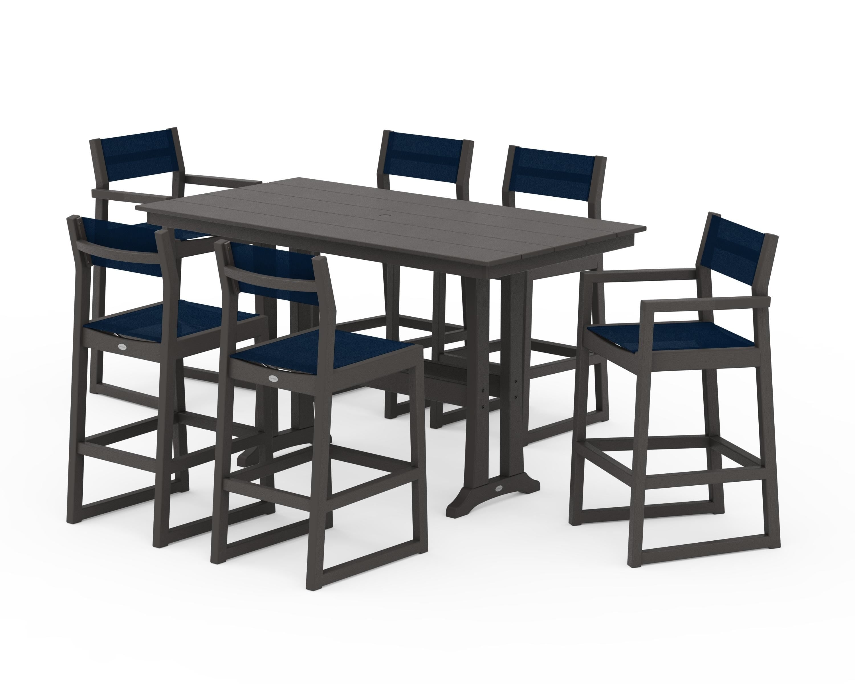 POLYWOOD EDGE Sling 7-Piece Farmhouse Bar Set with Trestle Legs in Vintage Coffee / Navy Blue Sling