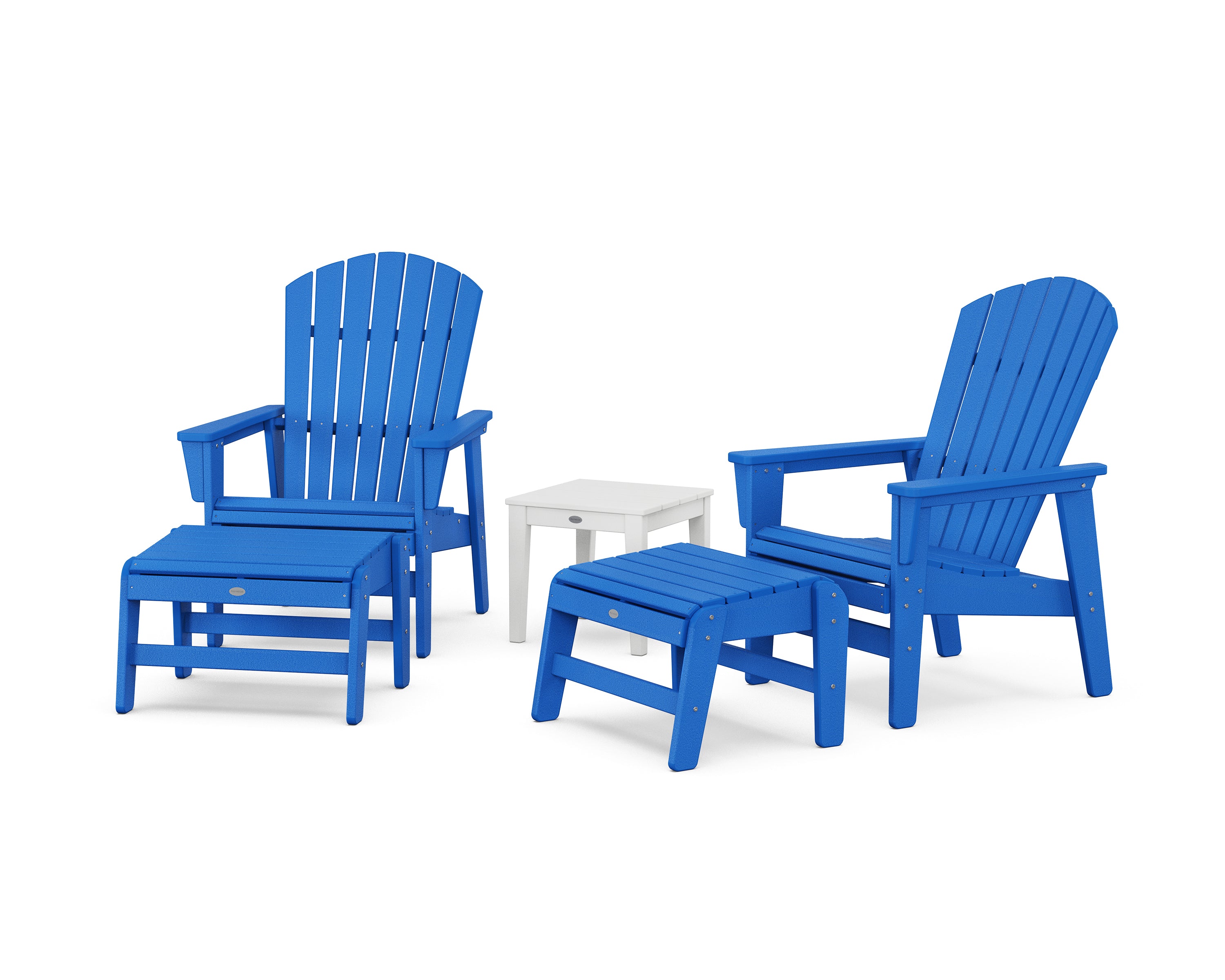 POLYWOOD 5-Piece Nautical Grand Upright Adirondack Set with Ottomans and Side Table in Pacific Blue / White