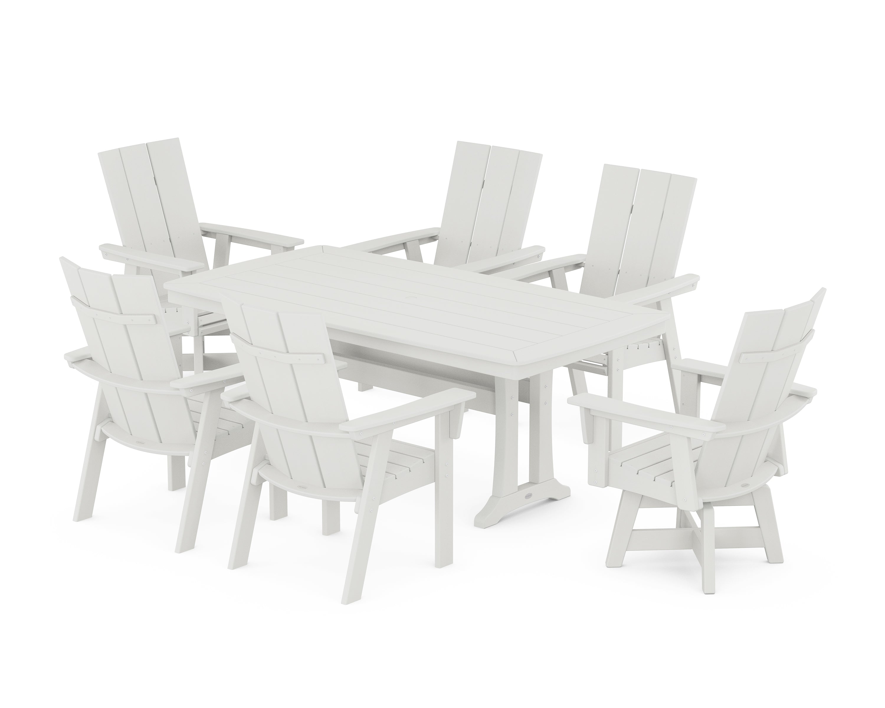 POLYWOOD Modern Adirondack Swivel Chair 7-Piece Dining Set with Trestle Legs in Vintage White