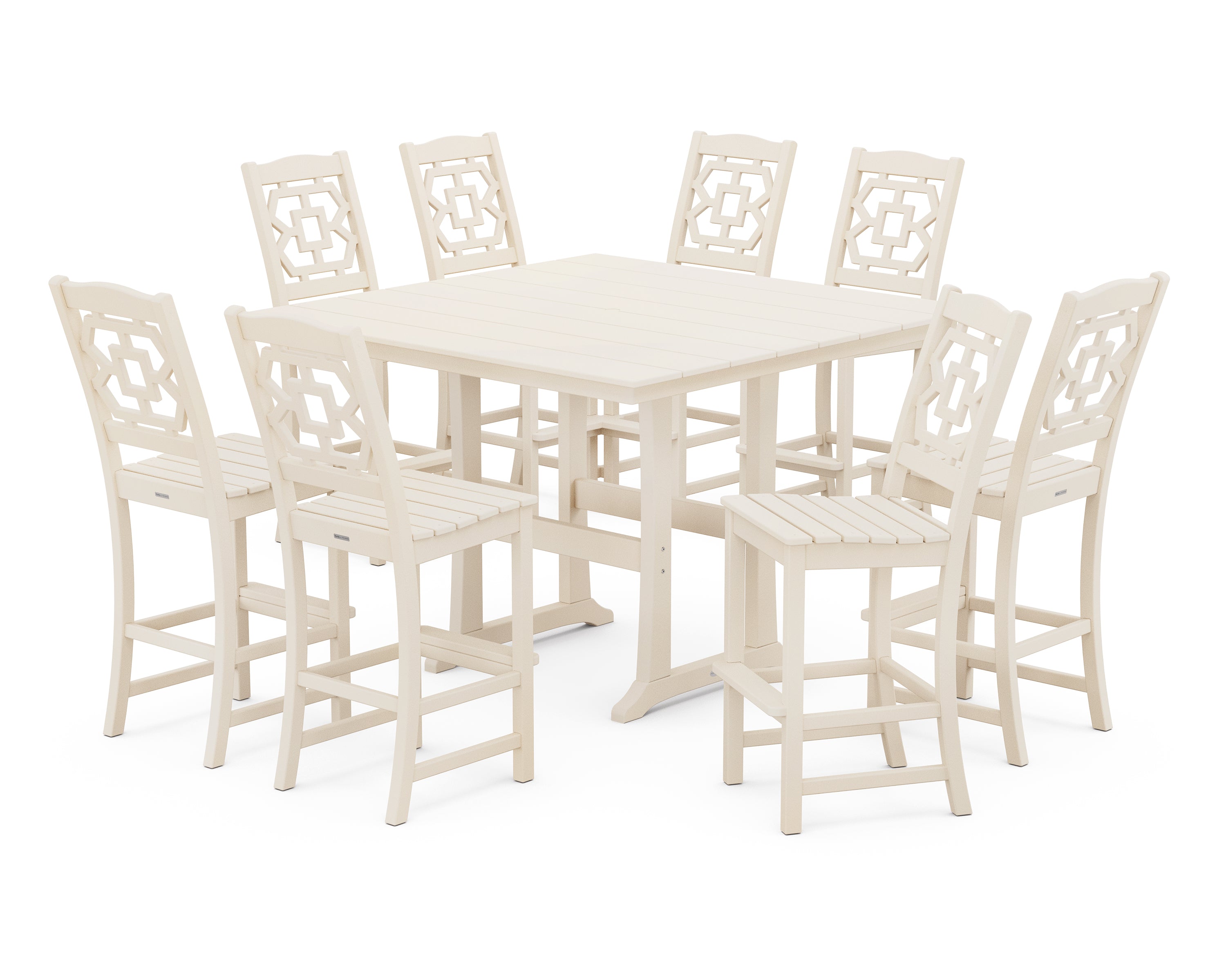 Martha Stewart by POLYWOOD Chinoiserie 9-Piece Square Farmhouse Side Chair Bar Set with Trestle Legs in Sand