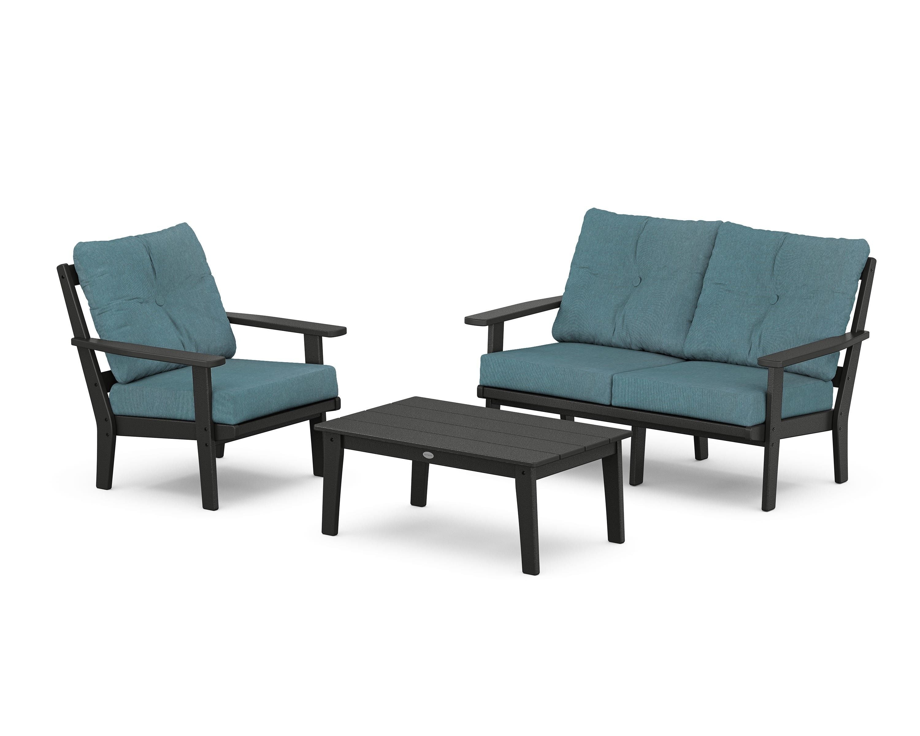 POLYWOOD Oxford 3-Piece Deep Seating Set with Loveseat in Black / Ocean Teal