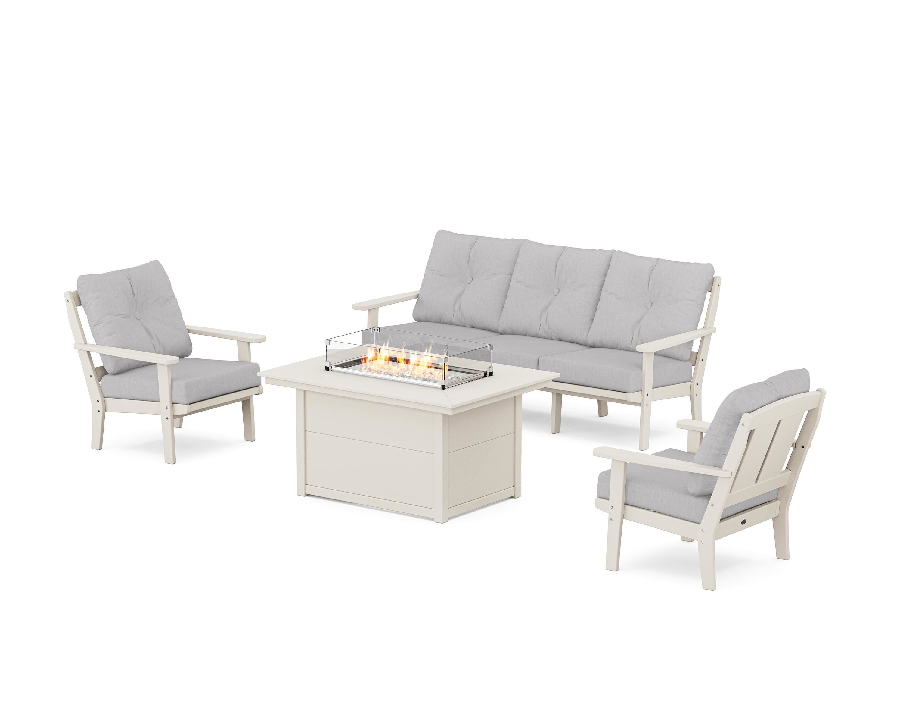 POLYWOOD Mission Deep Seating Fire Pit Table Set in Sand / Granite
