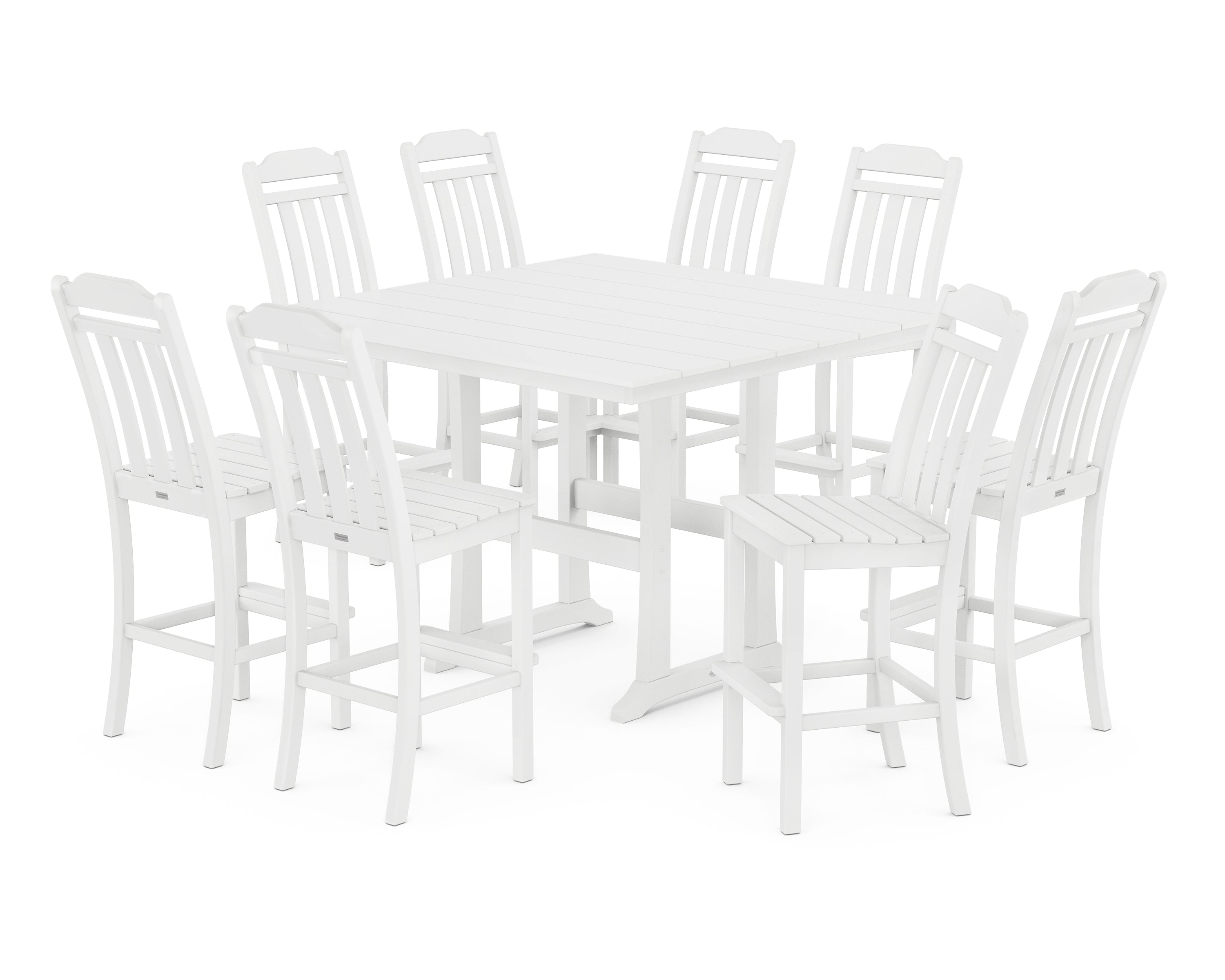POLYWOOD Country Living 9-Piece Square Farmhouse Side Chair Bar Set with Trestle Legs in White