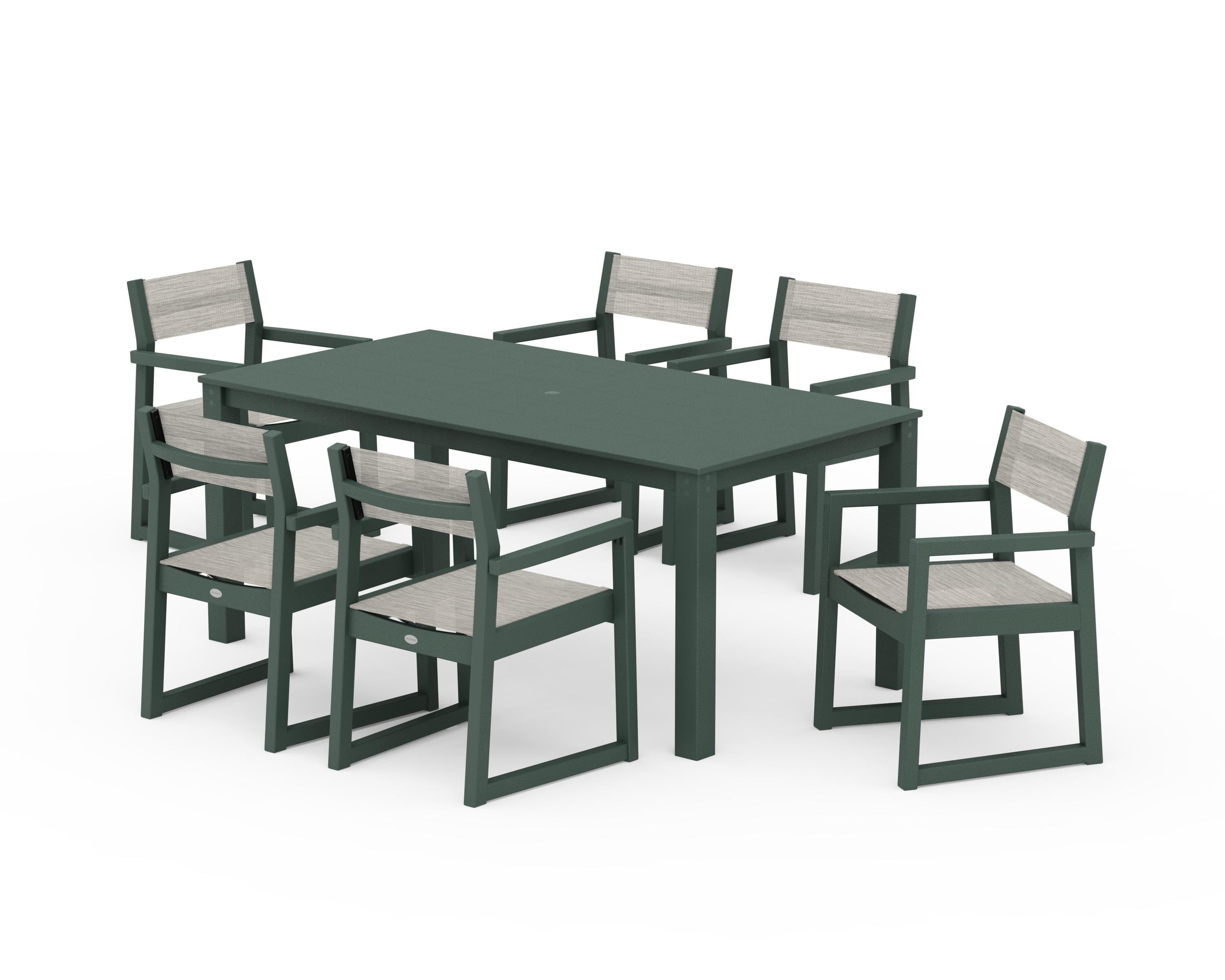 POLYWOOD EDGE Sling Arm Chair 7-Piece Parsons Dining Set in Green / Birch Sling