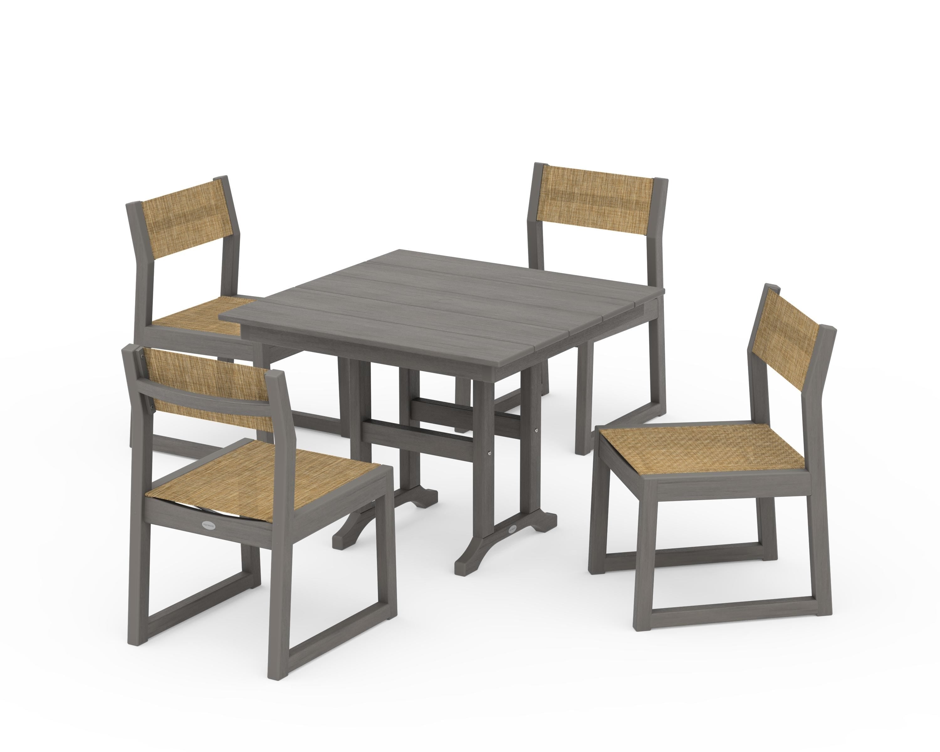 POLYWOOD EDGE Sling Side Chair 5-Piece Farmhouse Dining Set in Driftwood / Burlap Sling