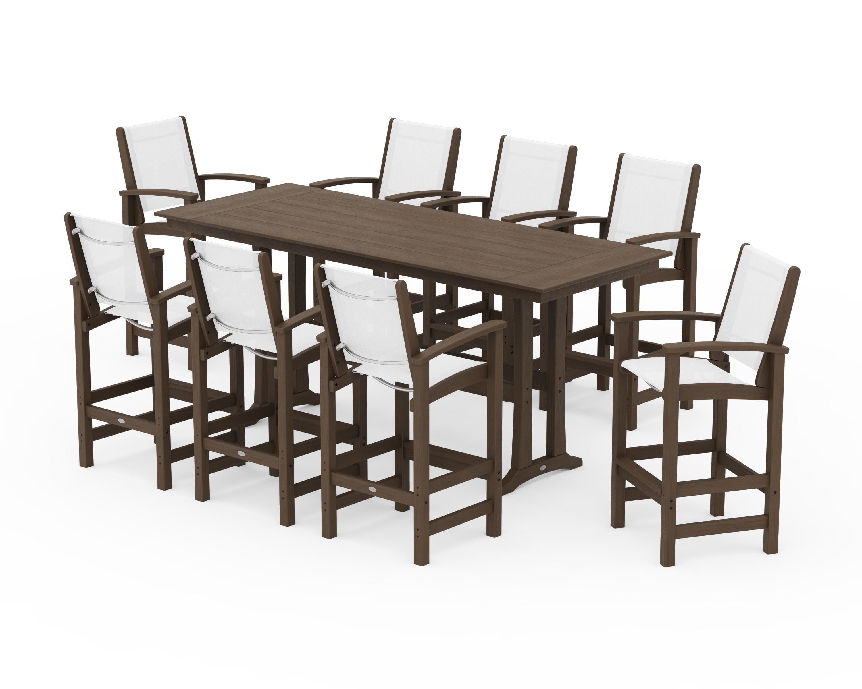 POLYWOOD Coastal 9-Piece Farmhouse Bar Set with Trestle Legs in Kona / White Sling
