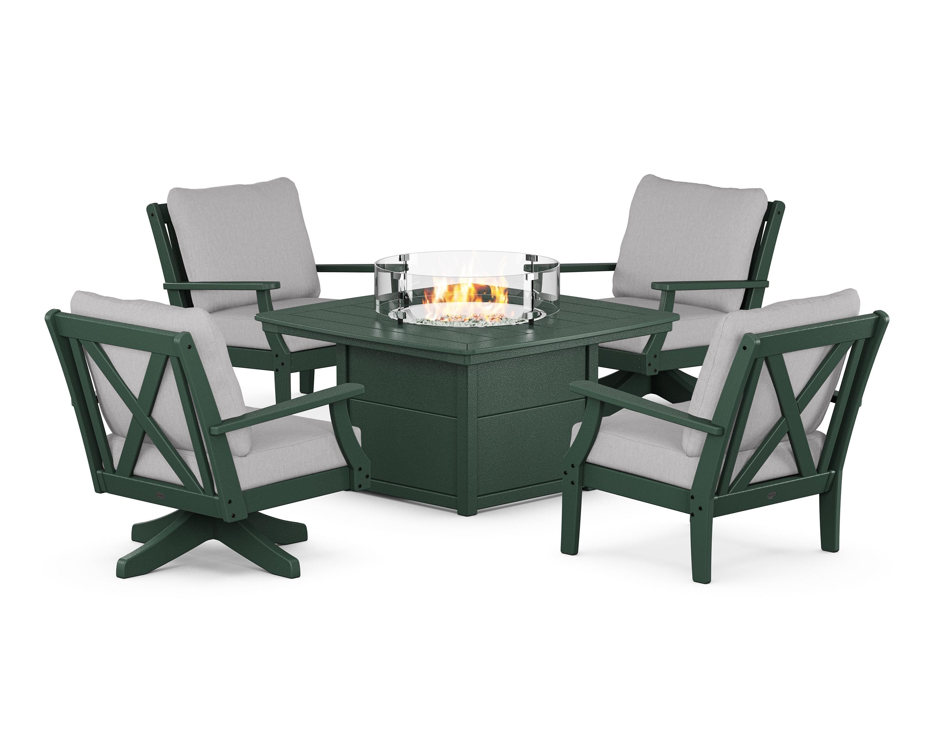 POLYWOOD Braxton 5-Piece Deep Seating Set with Fire Table in Green / Granite