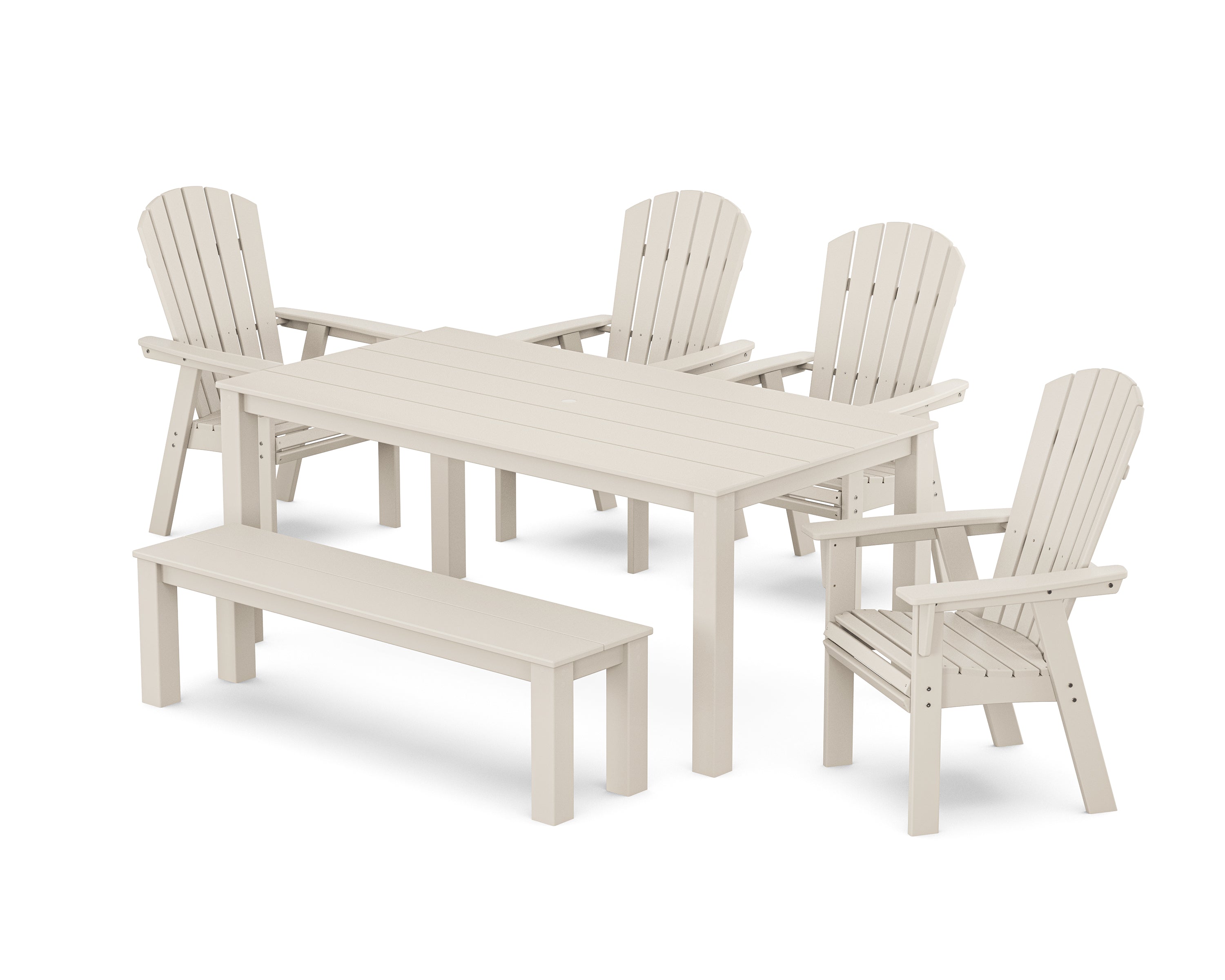 POLYWOOD Nautical Curveback Adirondack 6-Piece Parsons Dining Set with Bench in Sand