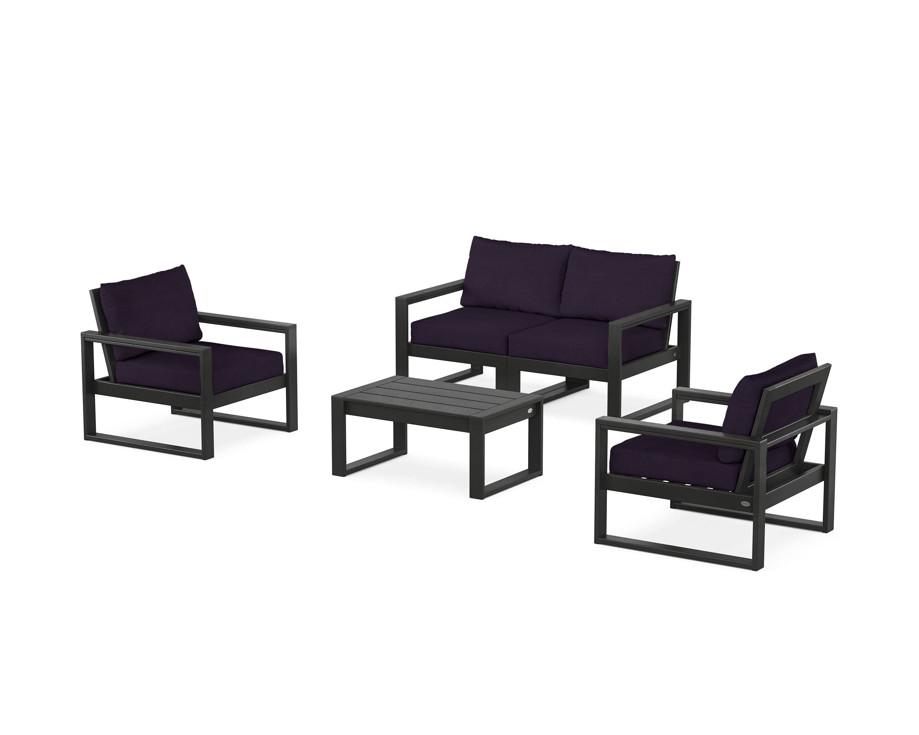 POLYWOOD EDGE Sectional 4-Piece Deep Seating Set with Loveseat in Black / Navy Linen