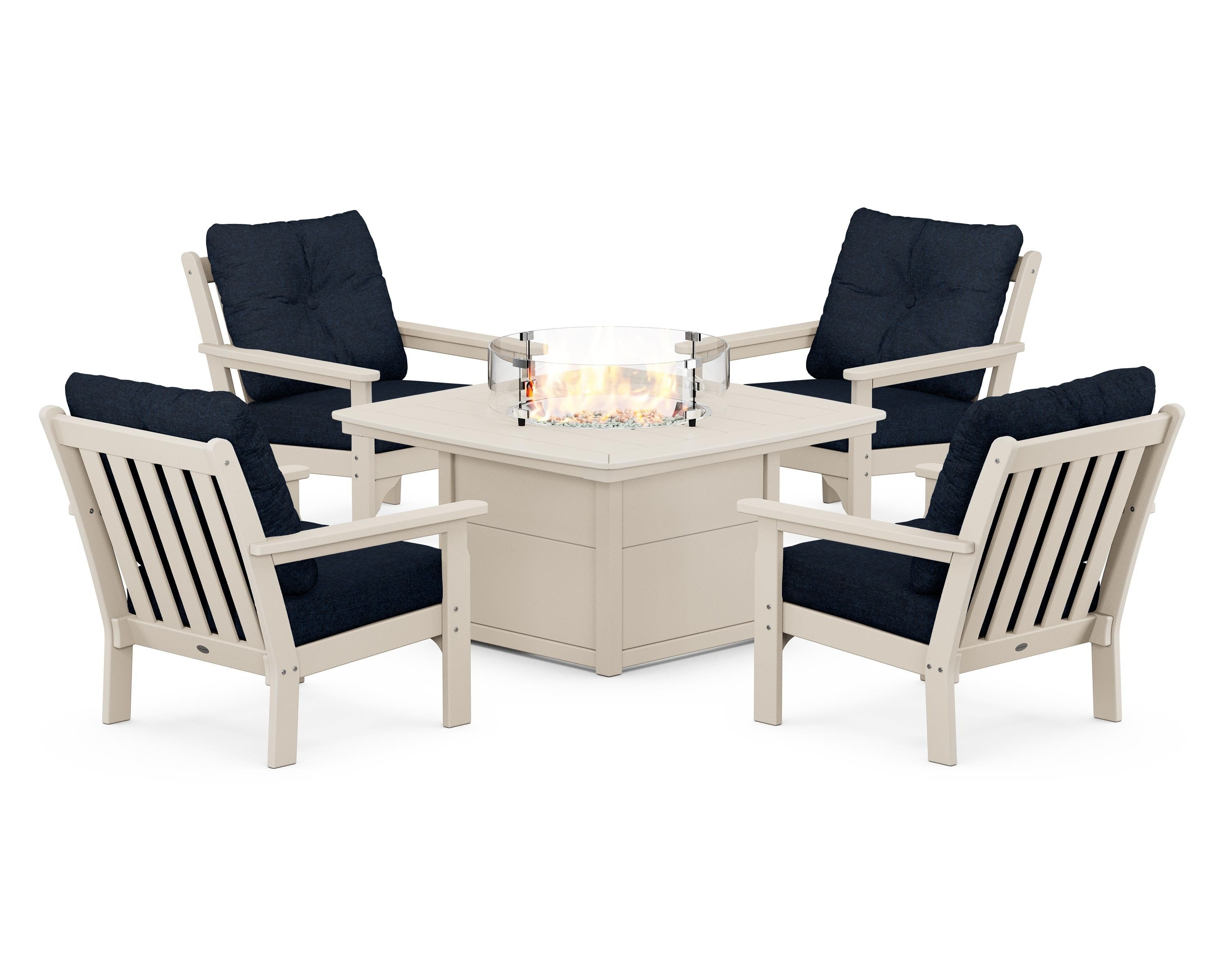 POLYWOOD Vineyard 5-Piece Conversation Set with Fire Pit Table in Sand / Marine Indigo