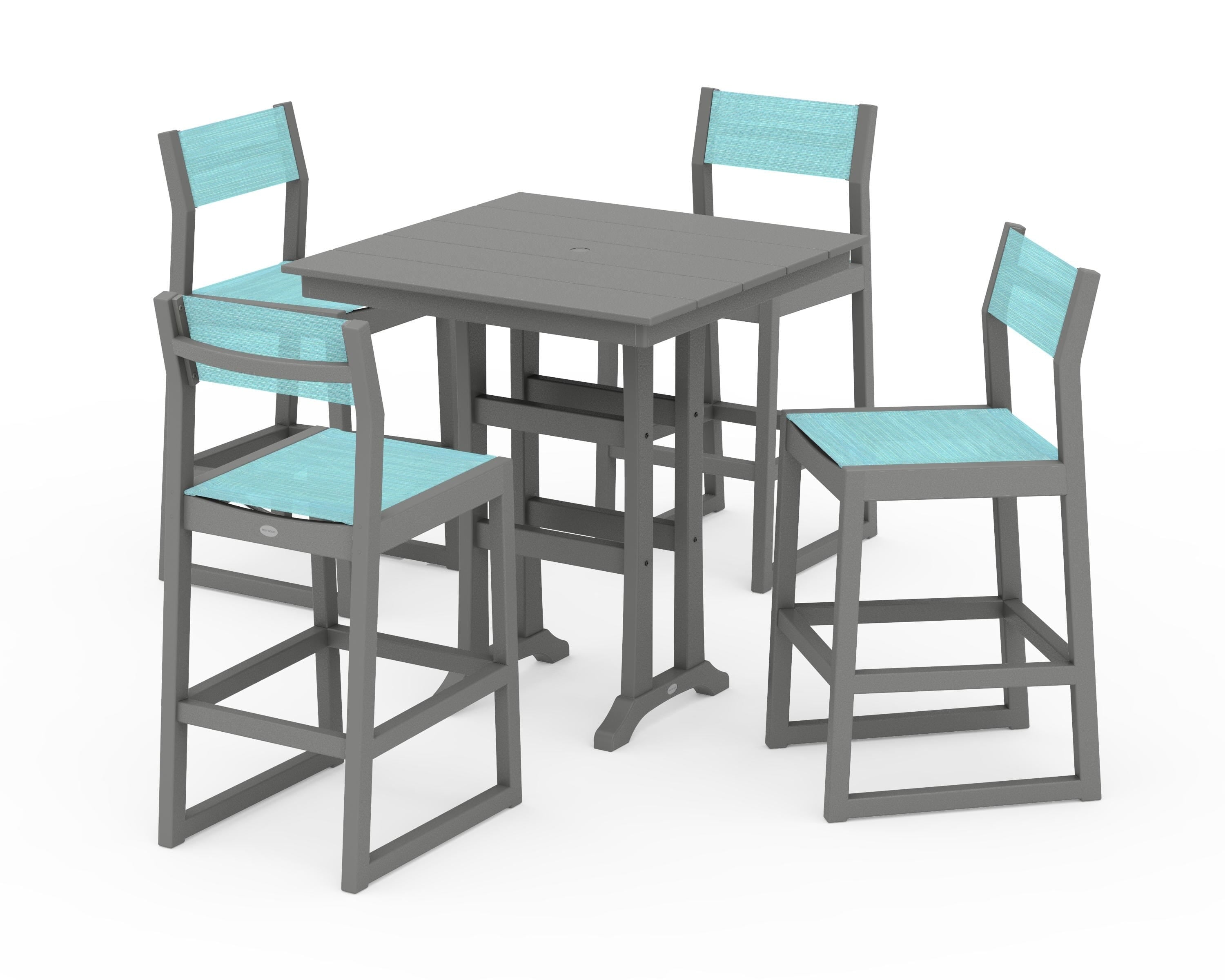 POLYWOOD EDGE Sling Arm Chair 5-Piece Farmhouse Bar Set with Trestle Legs in Slate Grey / Dupioni Aquamarine Sling