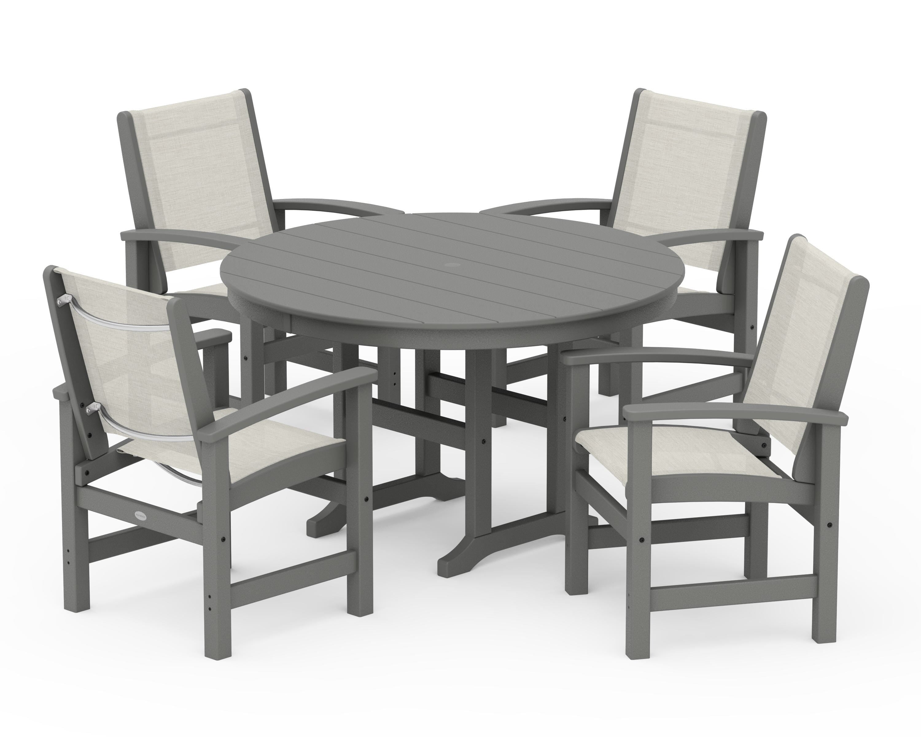 POLYWOOD Coastal 5-Piece Round Farmhouse Dining Set in Slate Grey / Parchment Sling