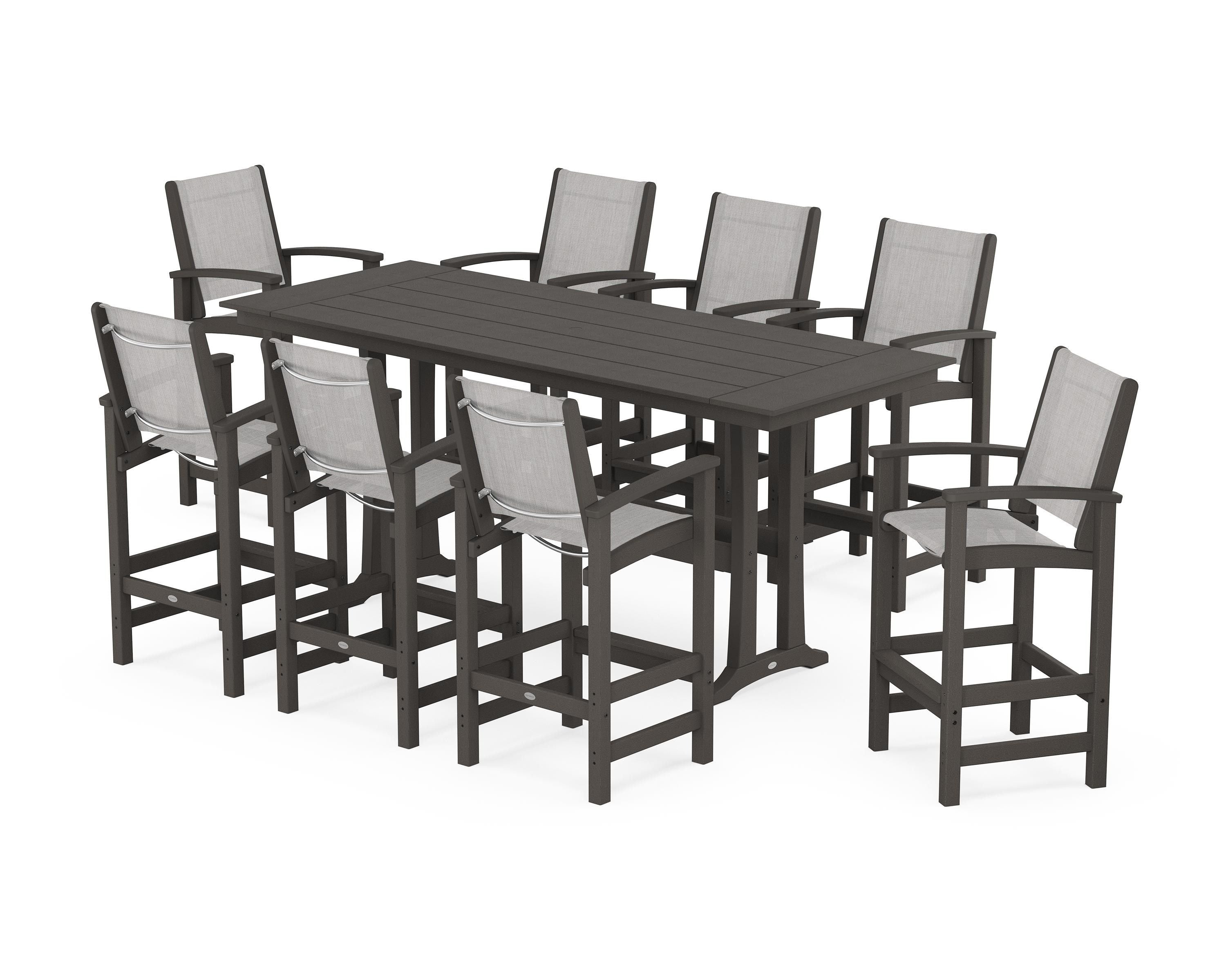 POLYWOOD Coastal 9-Piece Farmhouse Bar Set with Trestle Legs in Vintage Coffee / Parchment Sling
