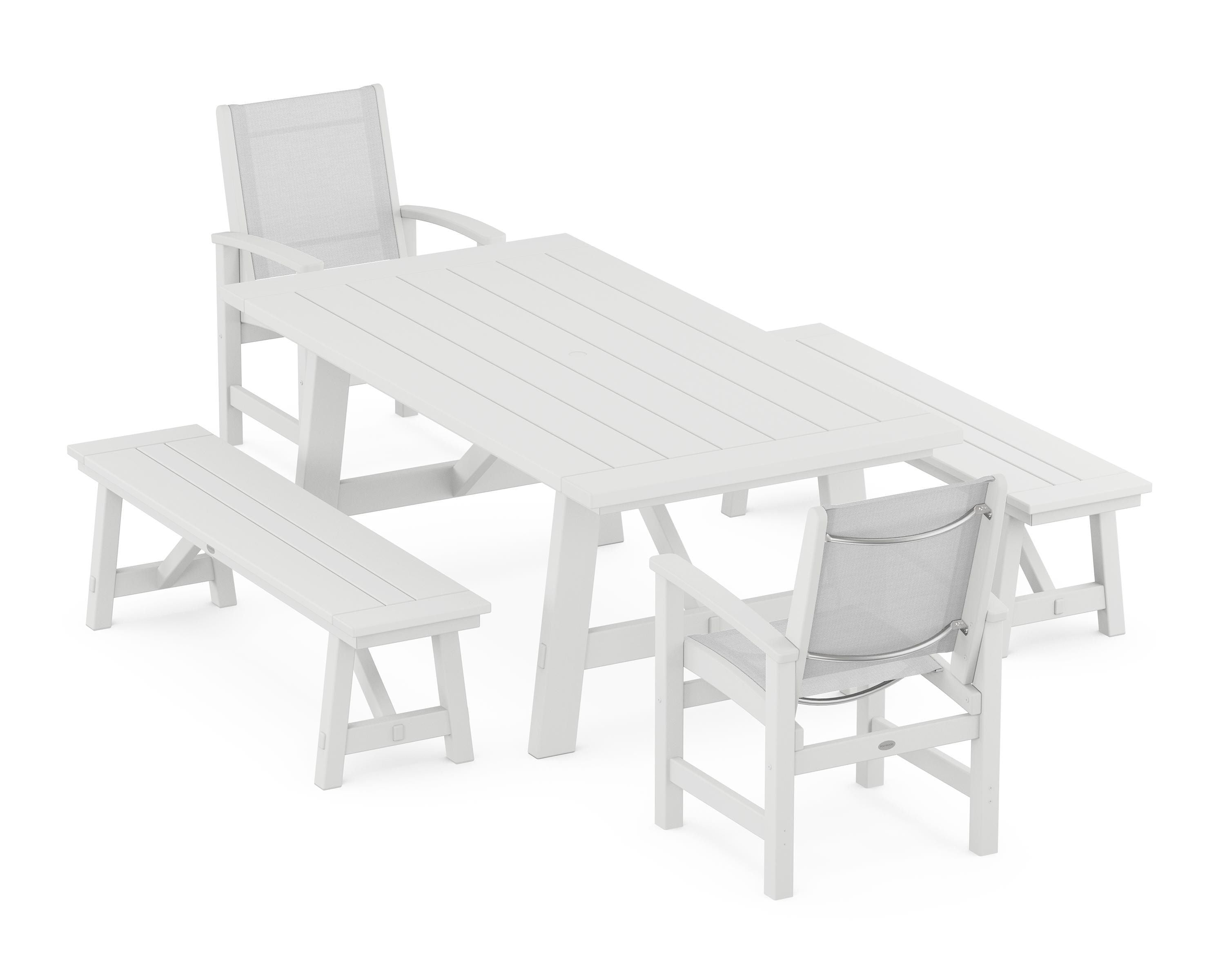 POLYWOOD Coastal 5-Piece Rustic Farmhouse Dining Set With Benches in White / White Sling