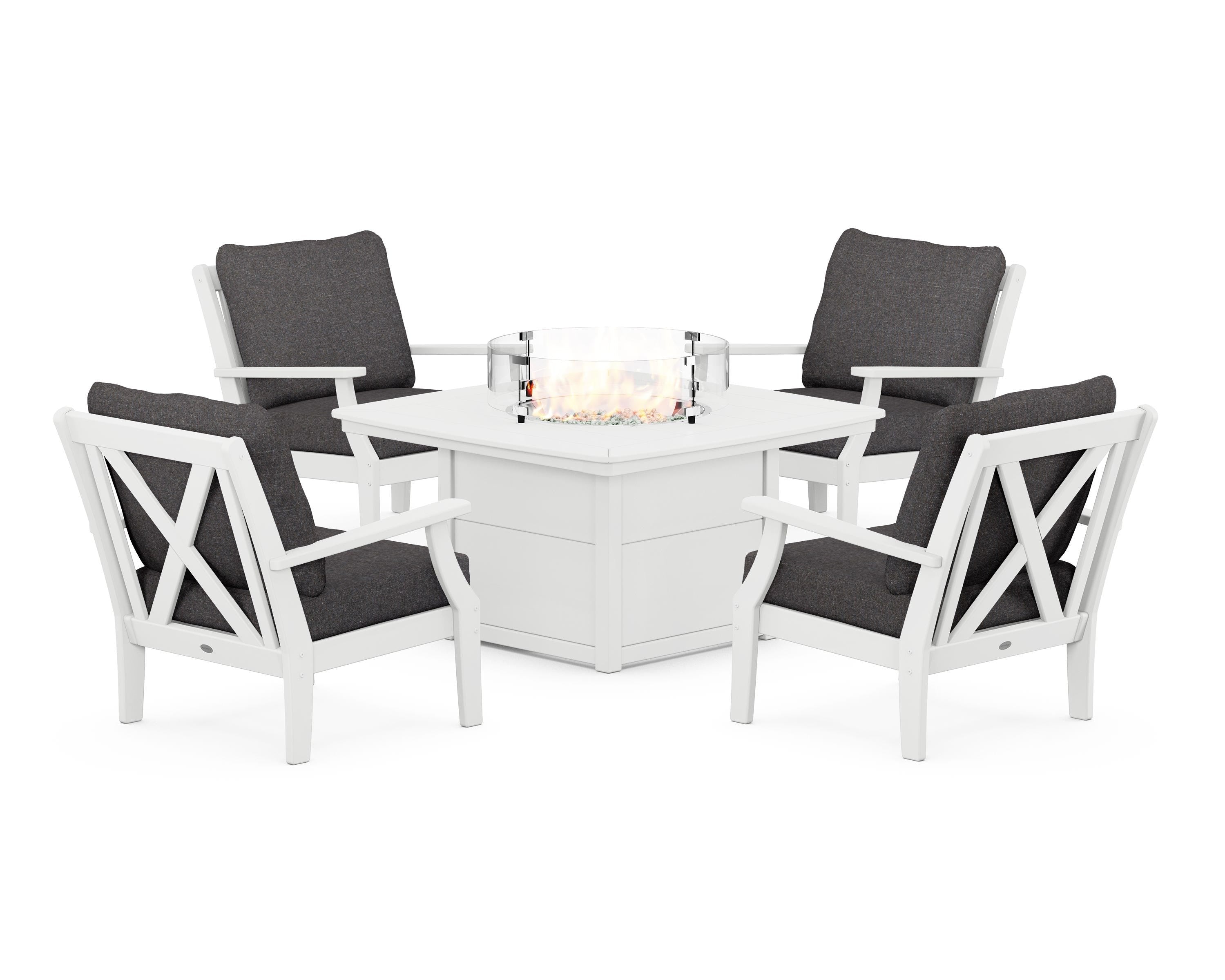 POLYWOOD Braxton 5-Piece Deep Seating Conversation Set with Fire Pit Table in White / Ash Charcoal