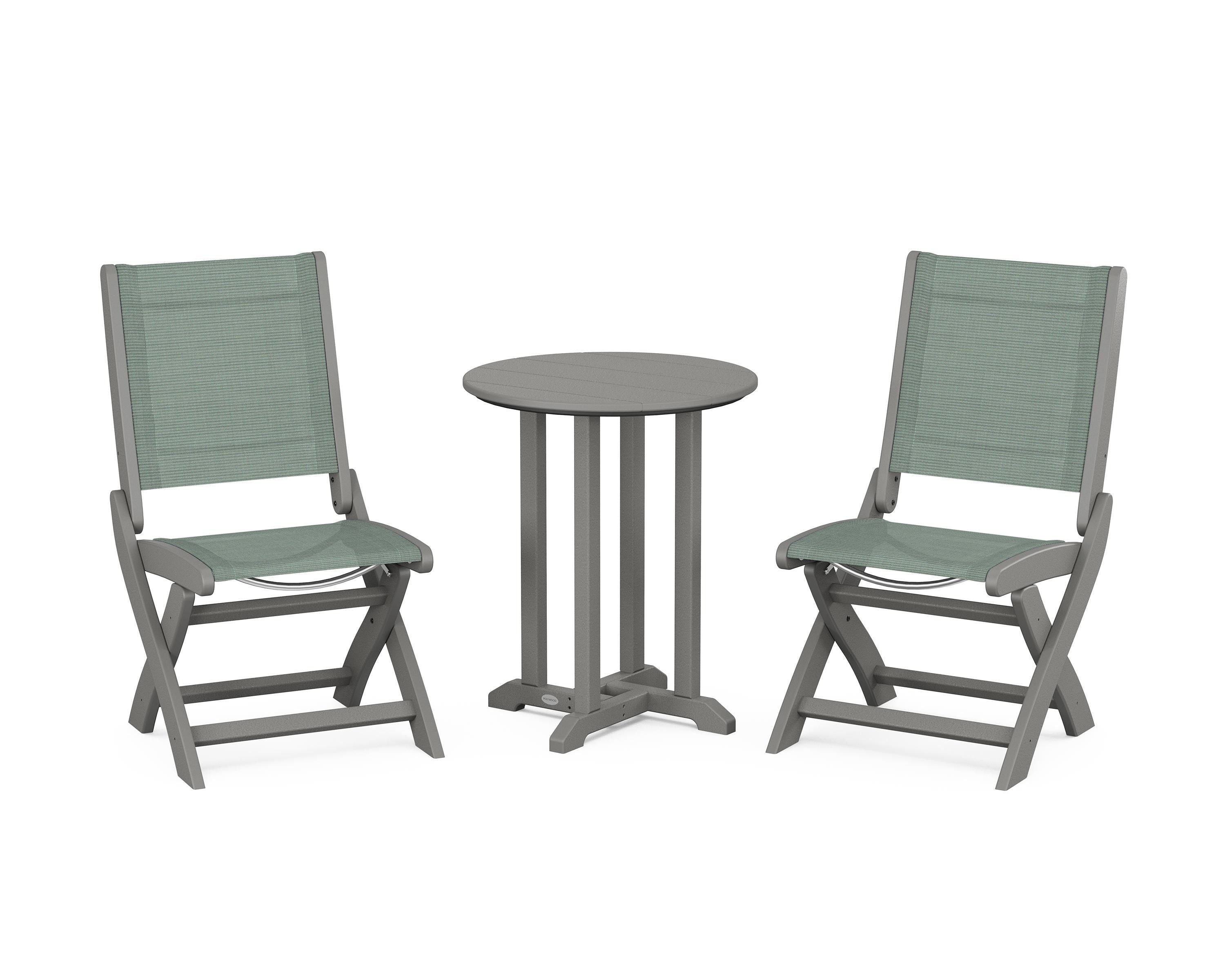 POLYWOOD Coastal Folding Side Chair 3-Piece Round Bistro Dining Set in Slate Grey / Dupioni Sea Mist Sling