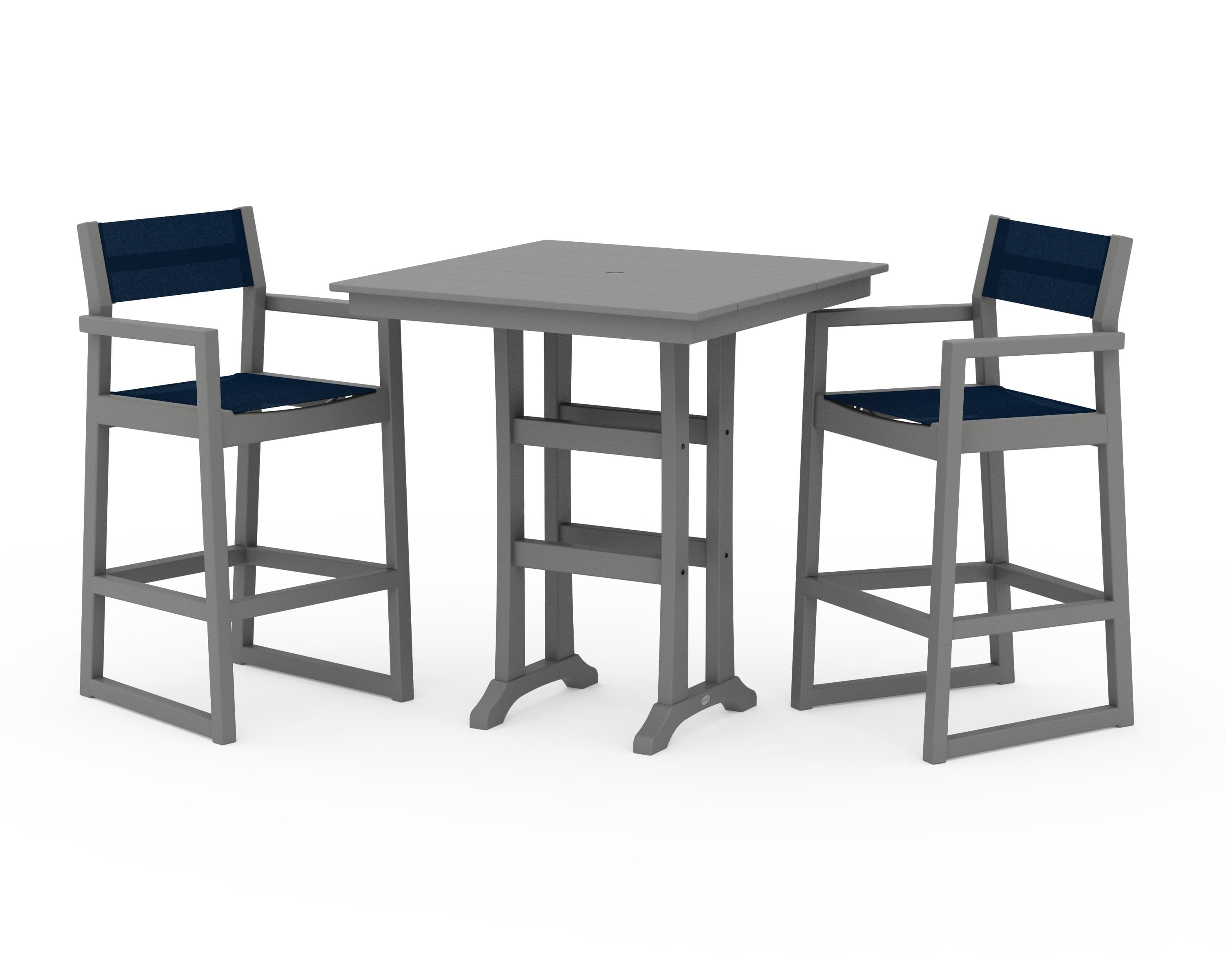 POLYWOOD EDGE Sling Arm Chair 3-Piece Farmhouse Bar Set with Trestle Legs in Slate Grey / Navy Blue Sling