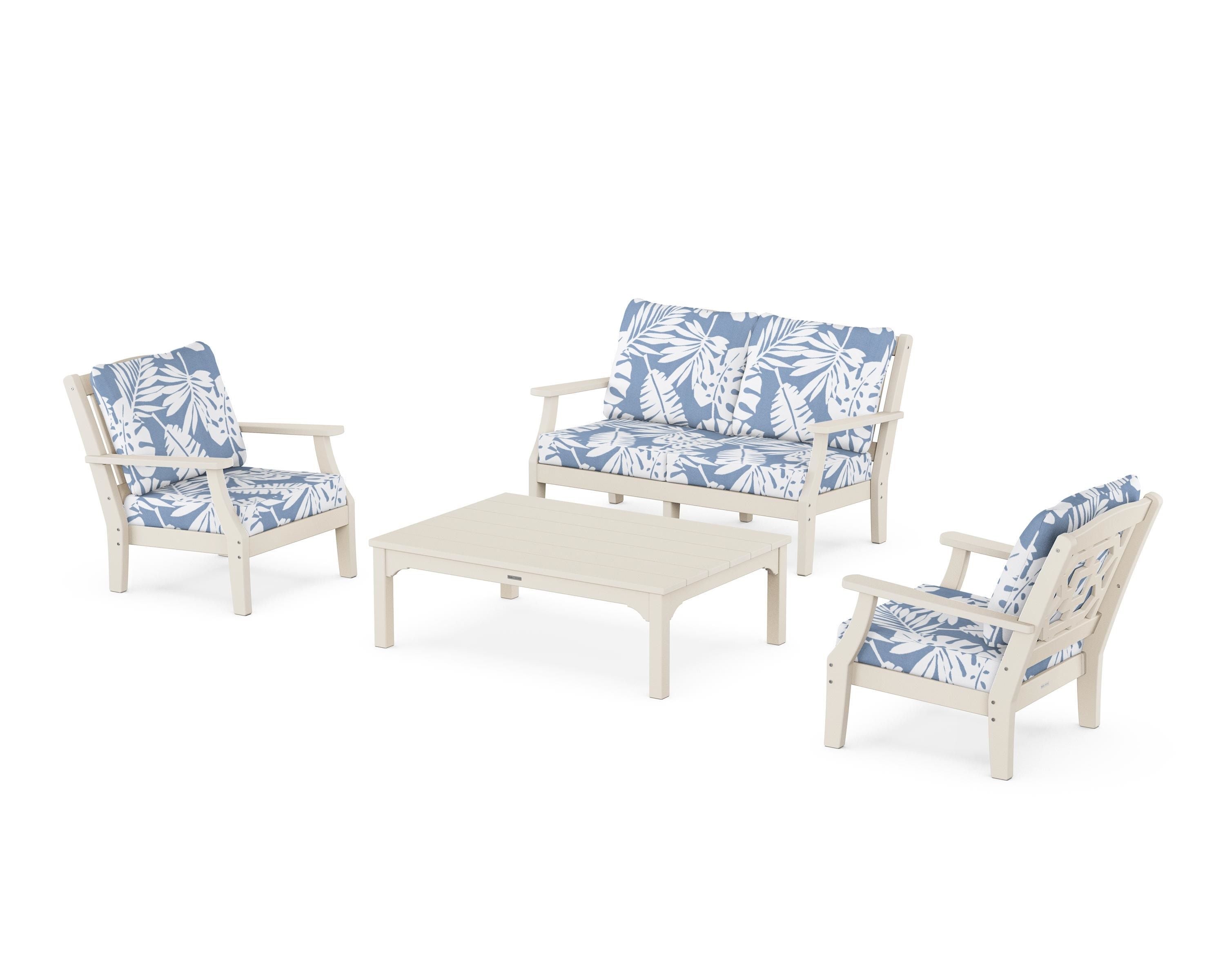 Martha Stewart by POLYWOOD Chinoiserie 4-Piece Deep Seating Set with Loveseat in Sand / Leaf Sky Blue