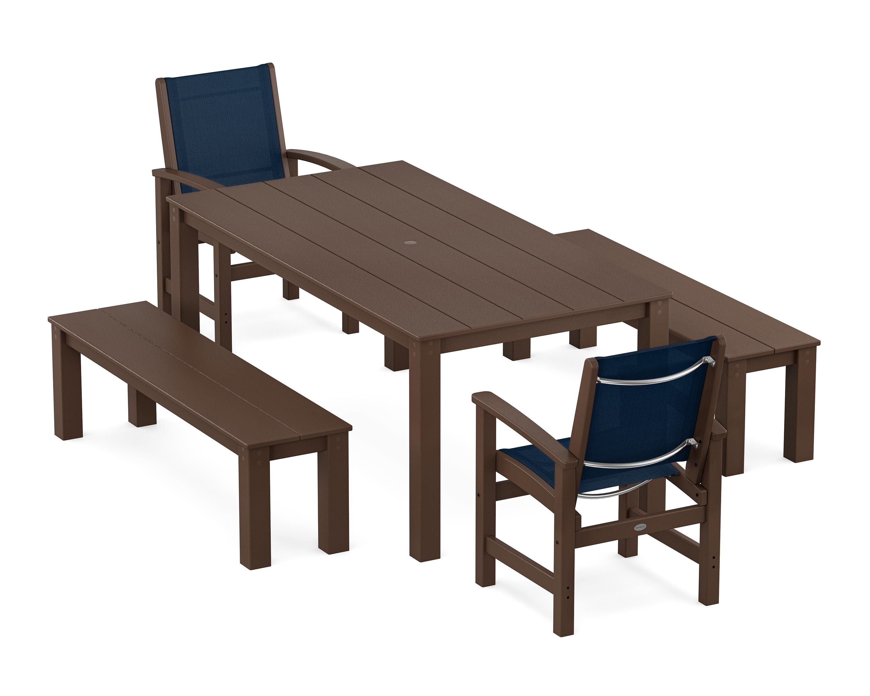 POLYWOOD Coastal 5-Piece Parsons Dining Set with Benches in Mahogany / Navy Blue Sling