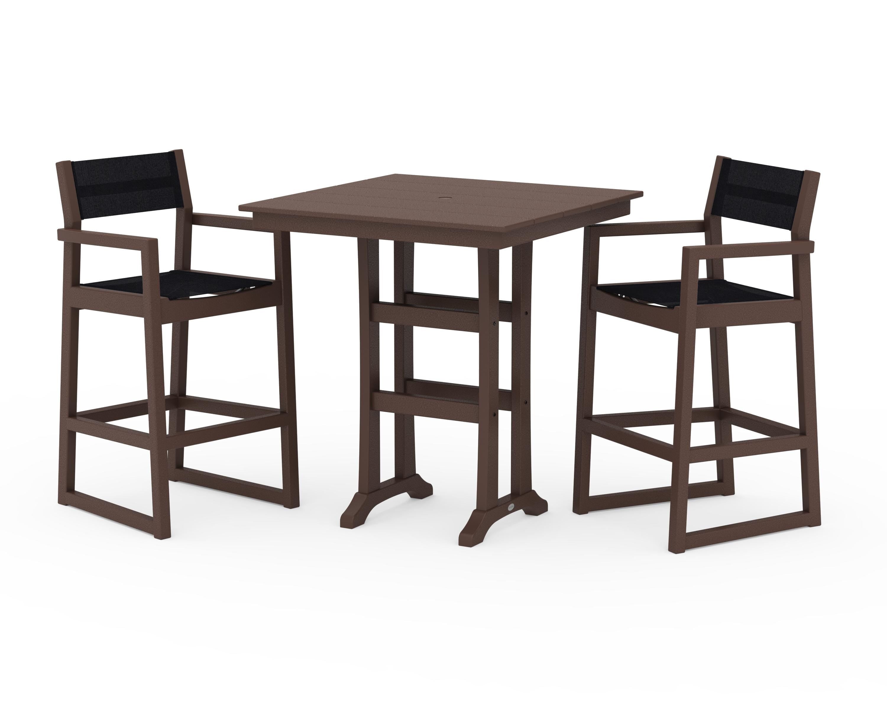 POLYWOOD EDGE Sling Arm Chair 3-Piece Farmhouse Bar Set with Trestle Legs in Mahogany / Black Sling