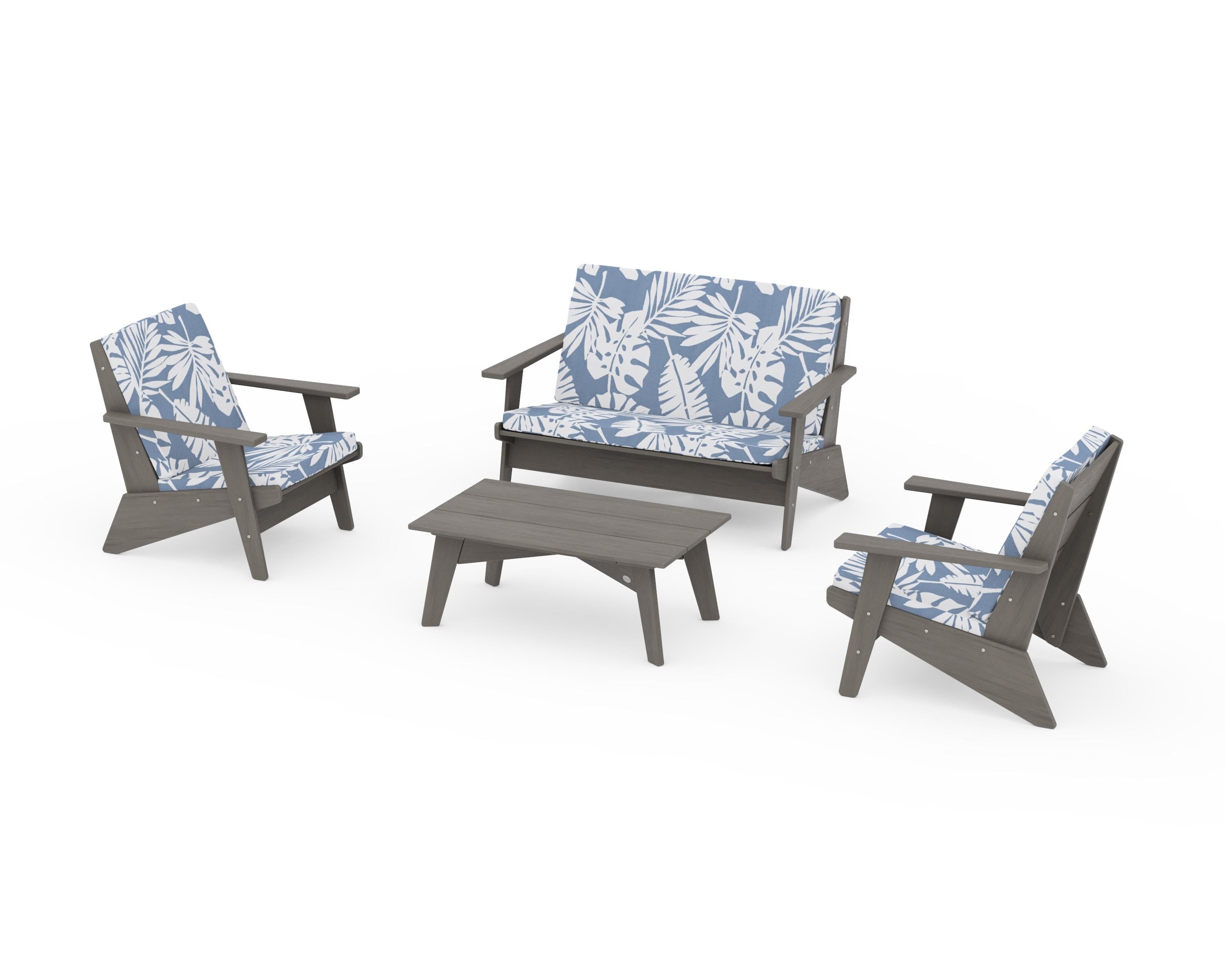 POLYWOOD Riviera Modern Lounge 4-Piece Set in Driftwood / Leaf Sky Blue