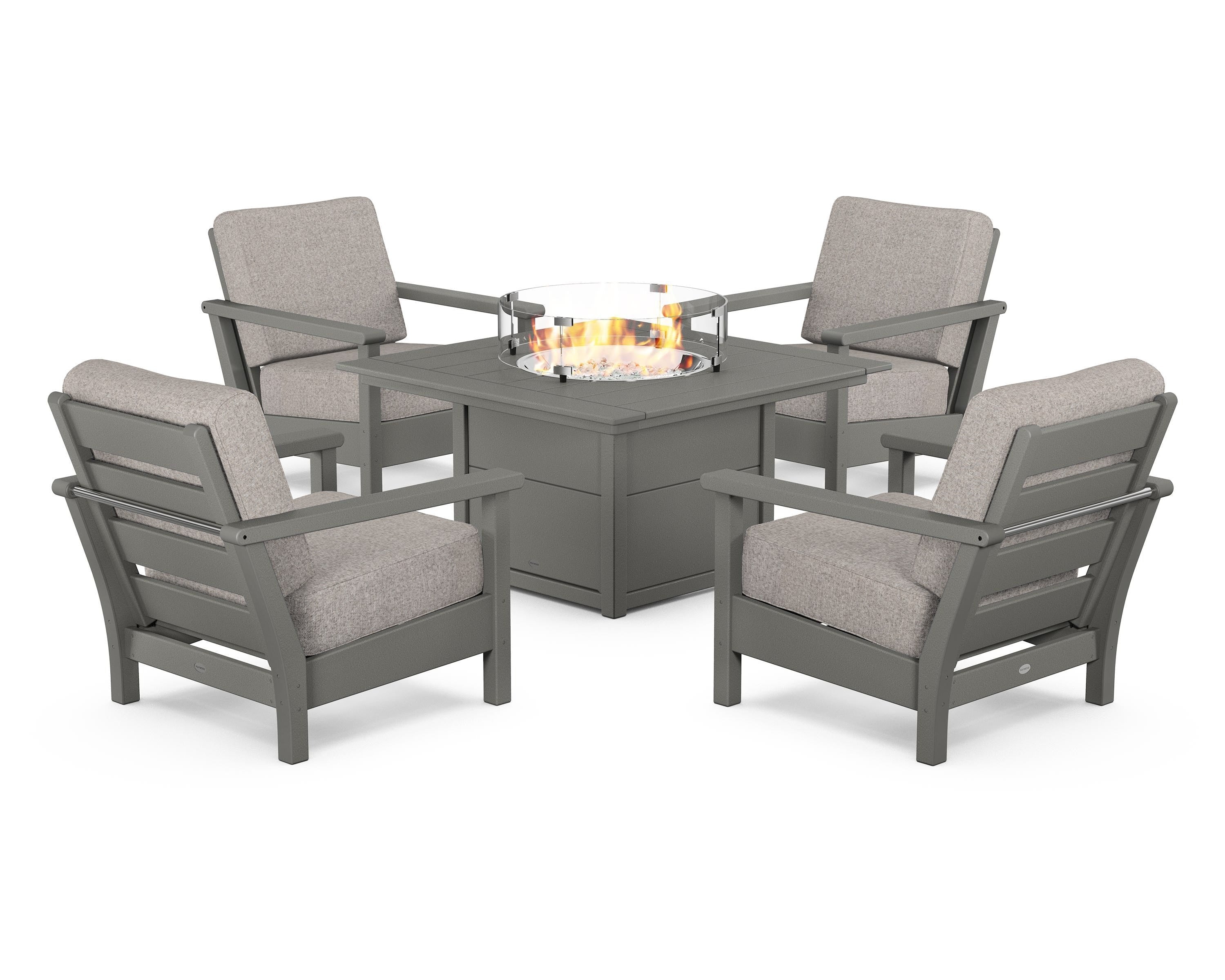 POLYWOOD Harbour 5-Piece Conversation Set with Fire Pit Table in Slate Grey / Weathered Tweed