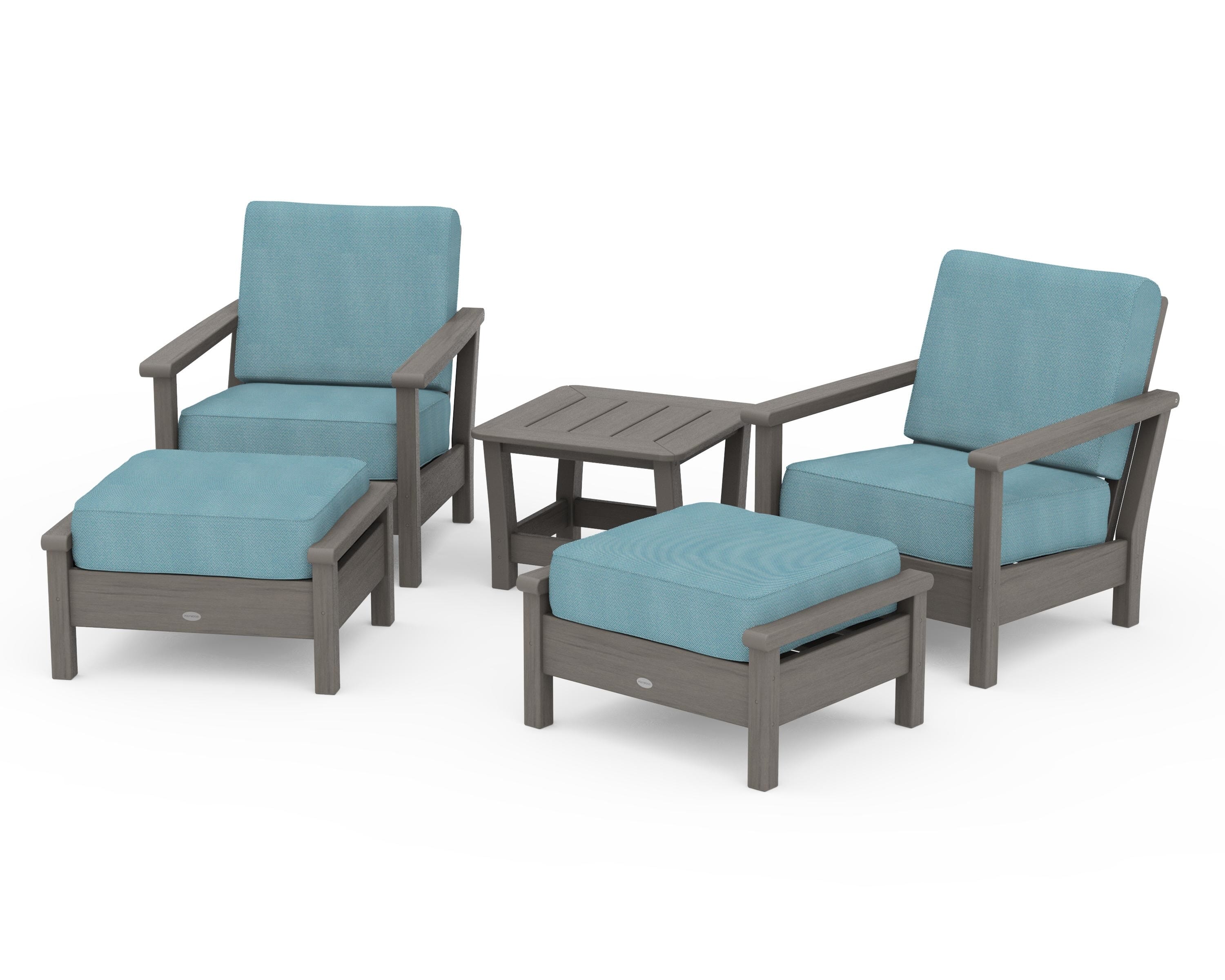 POLYWOOD Harbour 5-Piece Deep Seating Chair Set in Driftwood / Lattice Sky Blue
