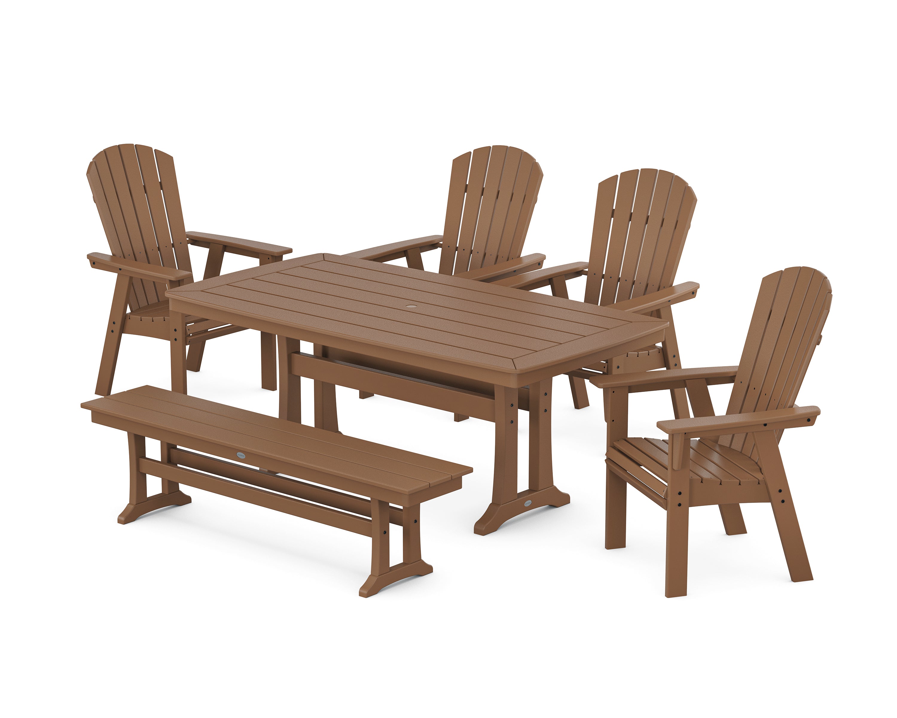 POLYWOOD Nautical Curveback Adirondack 6-Piece Dining Set with Trestle Legs and Bench in Teak