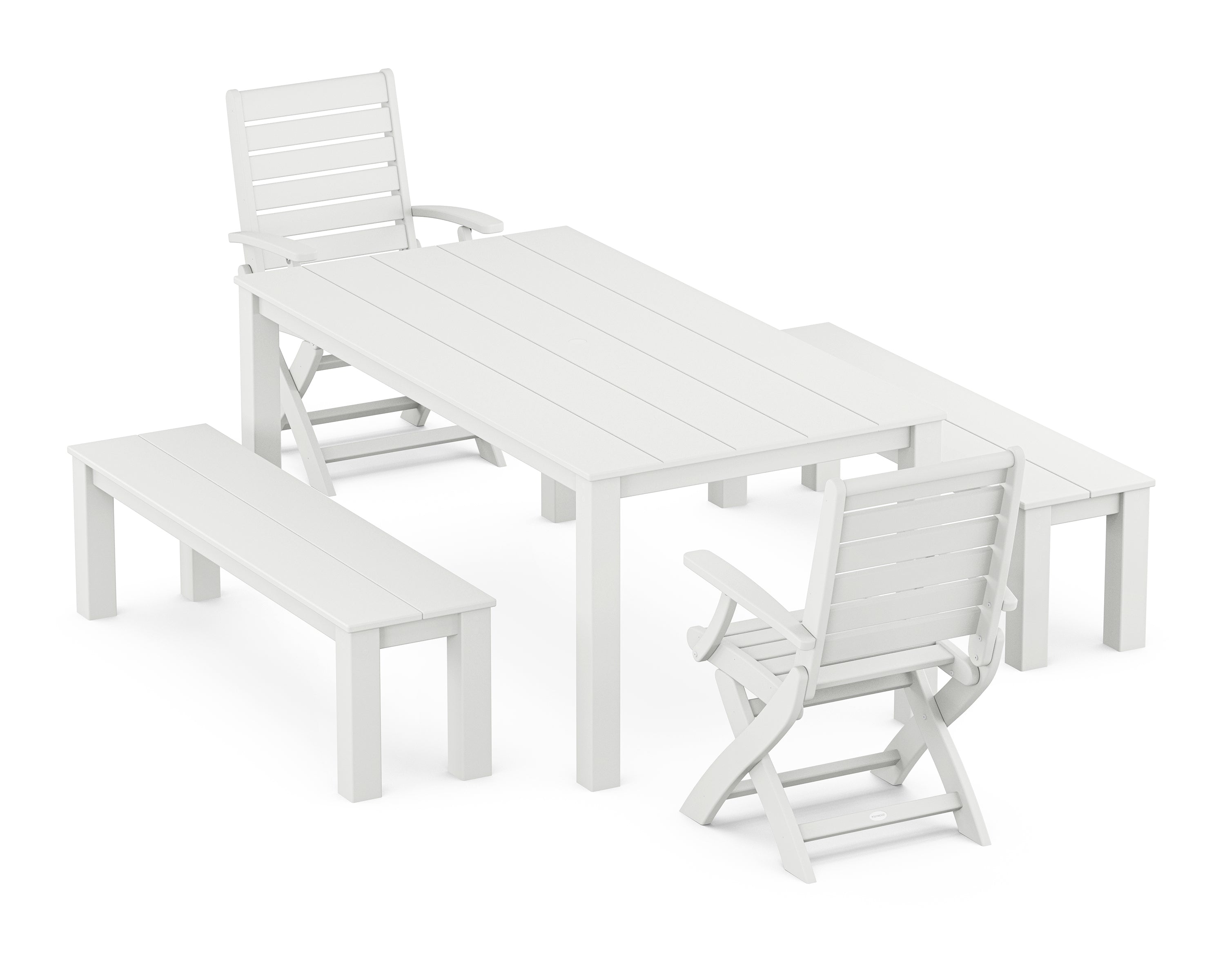 POLYWOOD Signature Folding Chair 5-Piece Parsons Dining Set with Benches in White