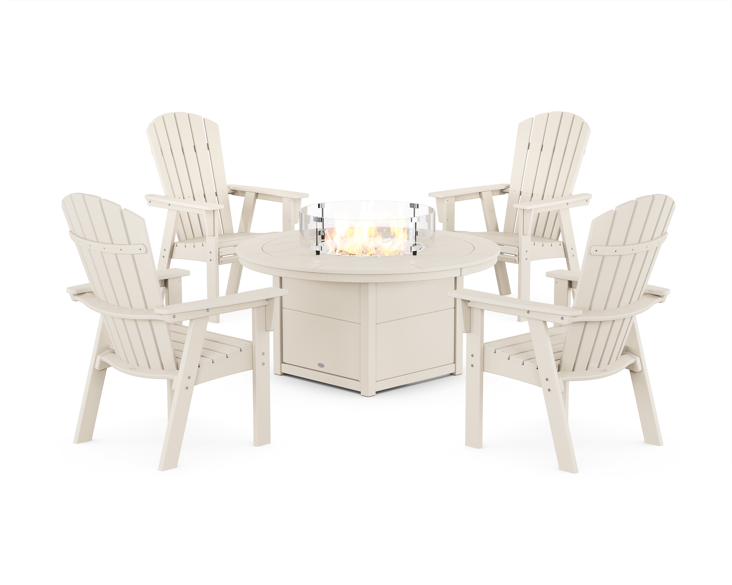 POLYWOOD Nautical 4-Piece Curveback Upright Adirondack Conversation Set with Fire Pit Table in Sand