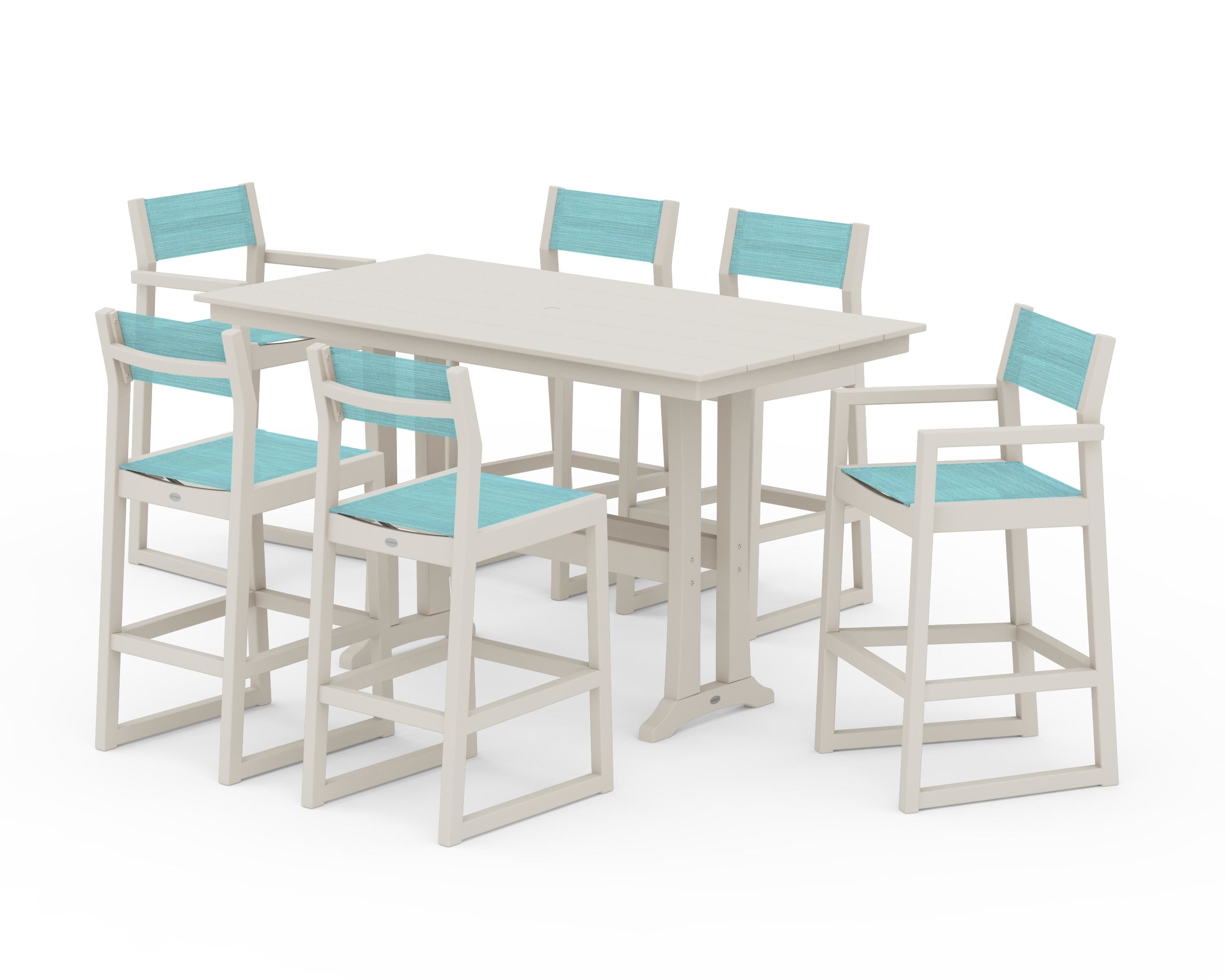 POLYWOOD EDGE Sling 7-Piece Farmhouse Bar Set with Trestle Legs in Sand / Dupioni Aquamarine Sling