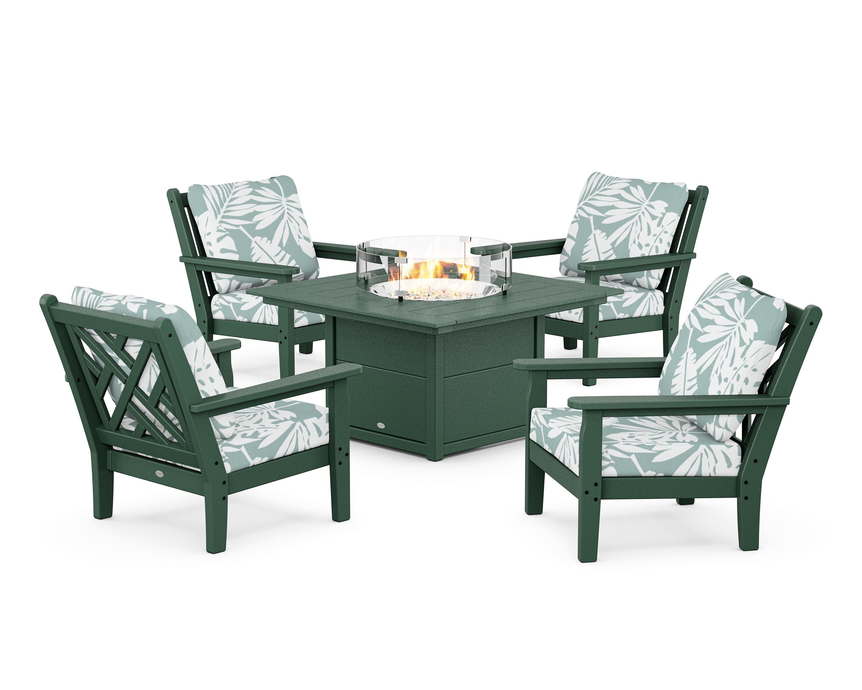 POLYWOOD Chippendale 5-Piece Deep Seating Set with Fire Pit Table in Green / Leaf Glacier Spa
