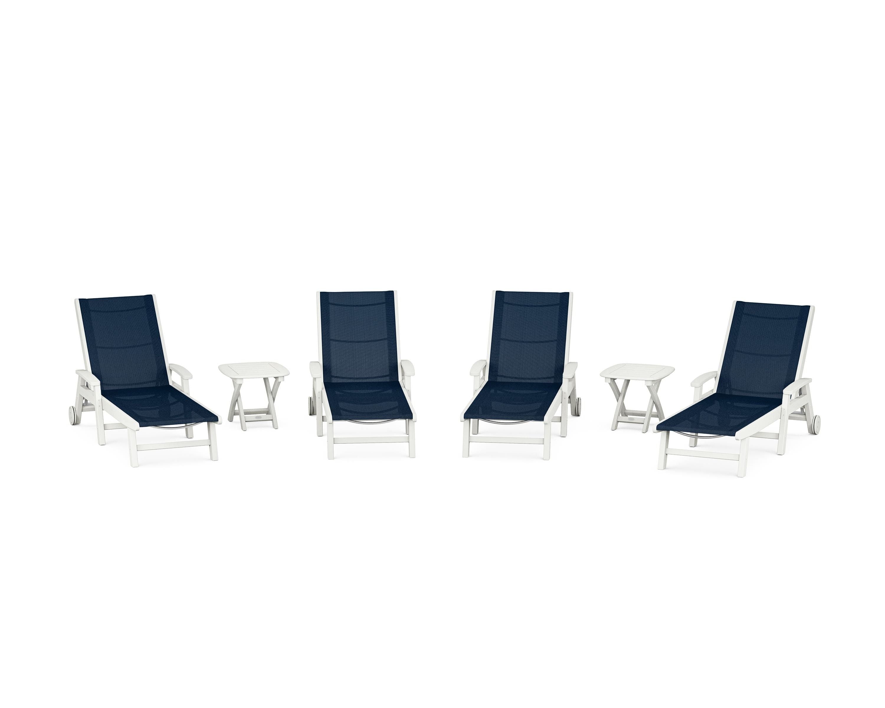 POLYWOOD Coastal Chaise 6-Piece Set with Wheels in Vintage White / Navy Blue Sling