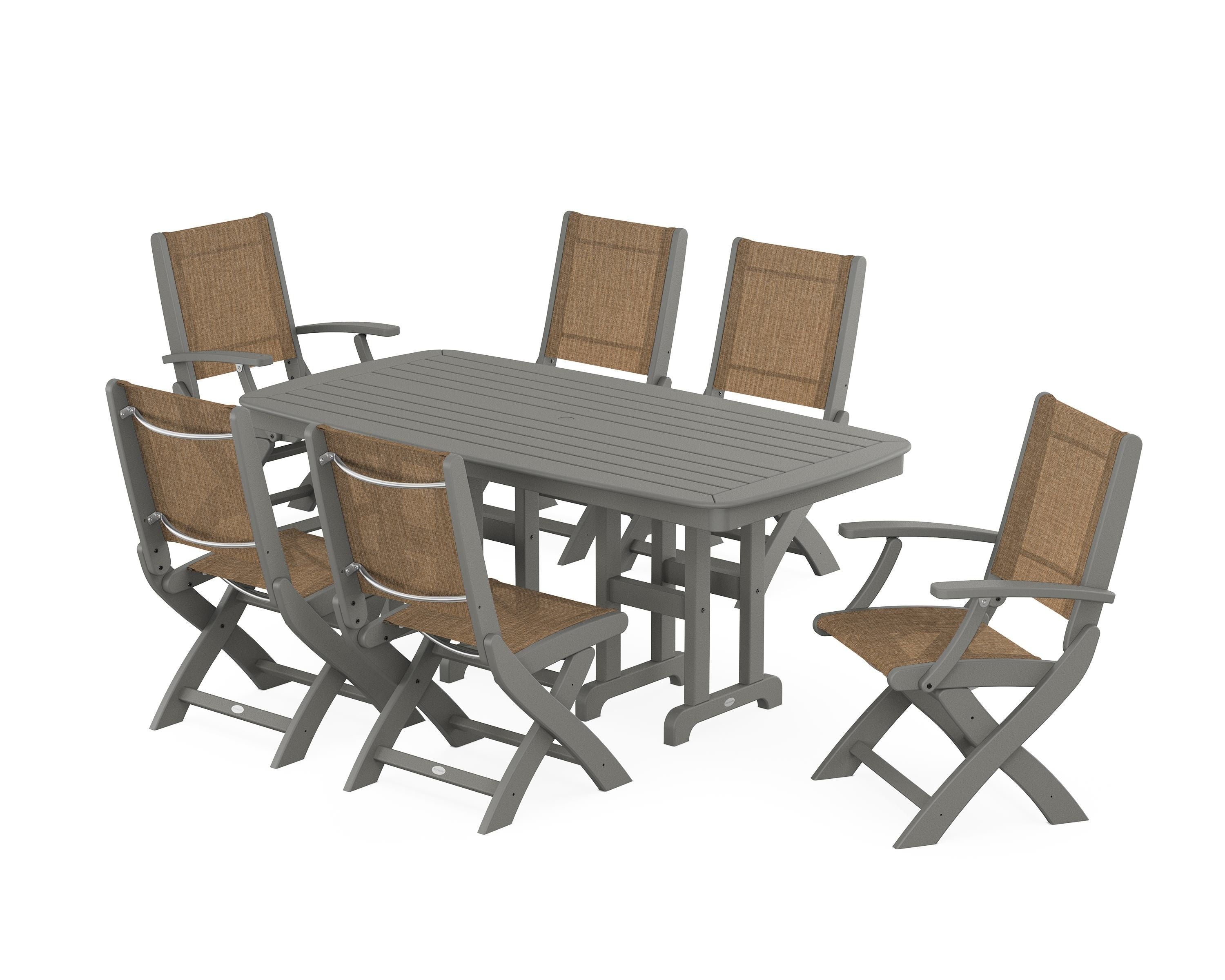 POLYWOOD Coastal Folding Chair 7-Piece Dining Set in Slate Grey / Burlap Sling