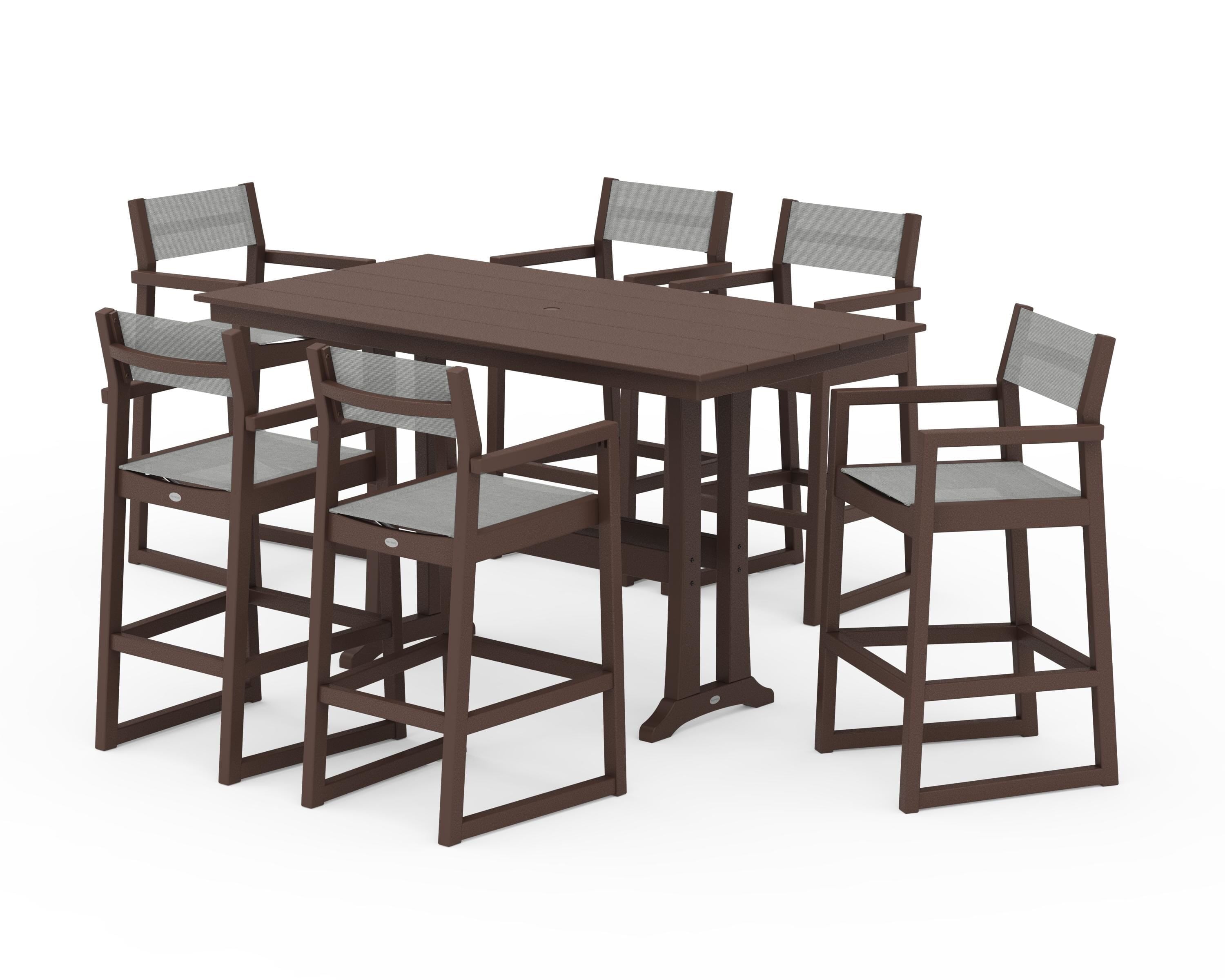 POLYWOOD EDGE Sling Arm Chair 7-Piece Farmhouse Bar Set with Trestle Legs in Mahogany / Metallic Sling