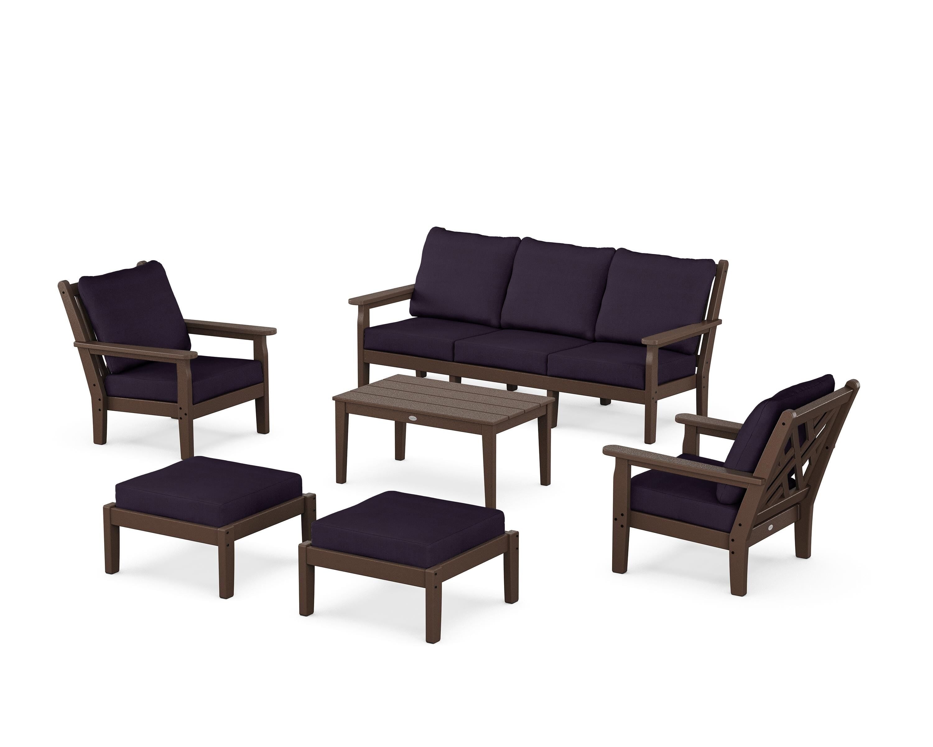 POLYWOOD Chippendale 6-Piece Lounge Sofa Set in Mahogany / Navy Linen