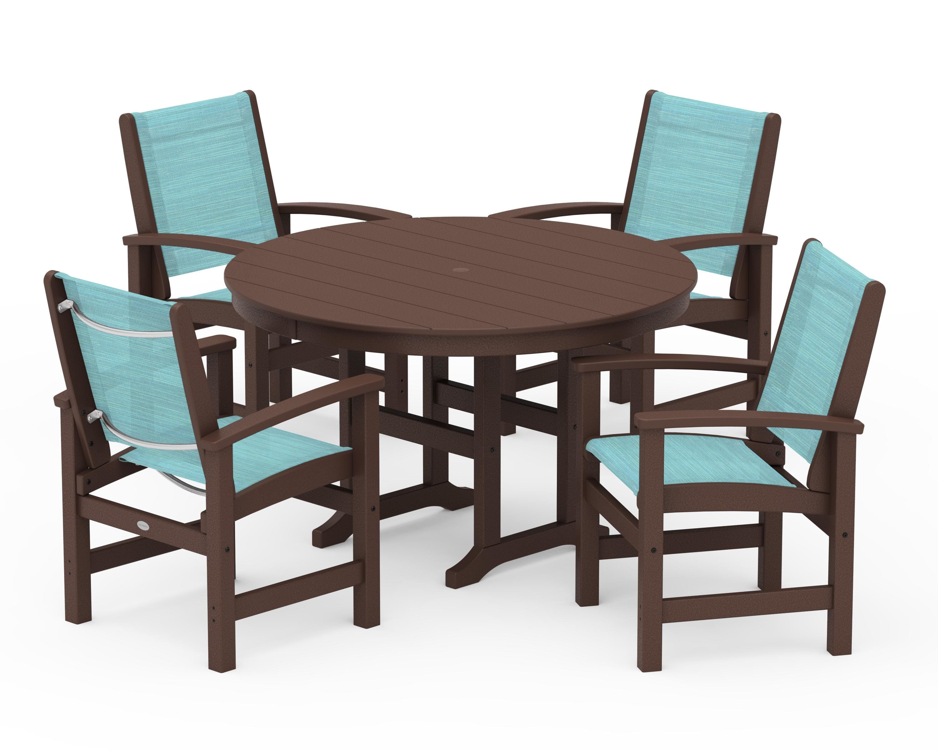 POLYWOOD Coastal 5-Piece Round Farmhouse Dining Set in Mahogany / Dupioni Aquamarine Sling
