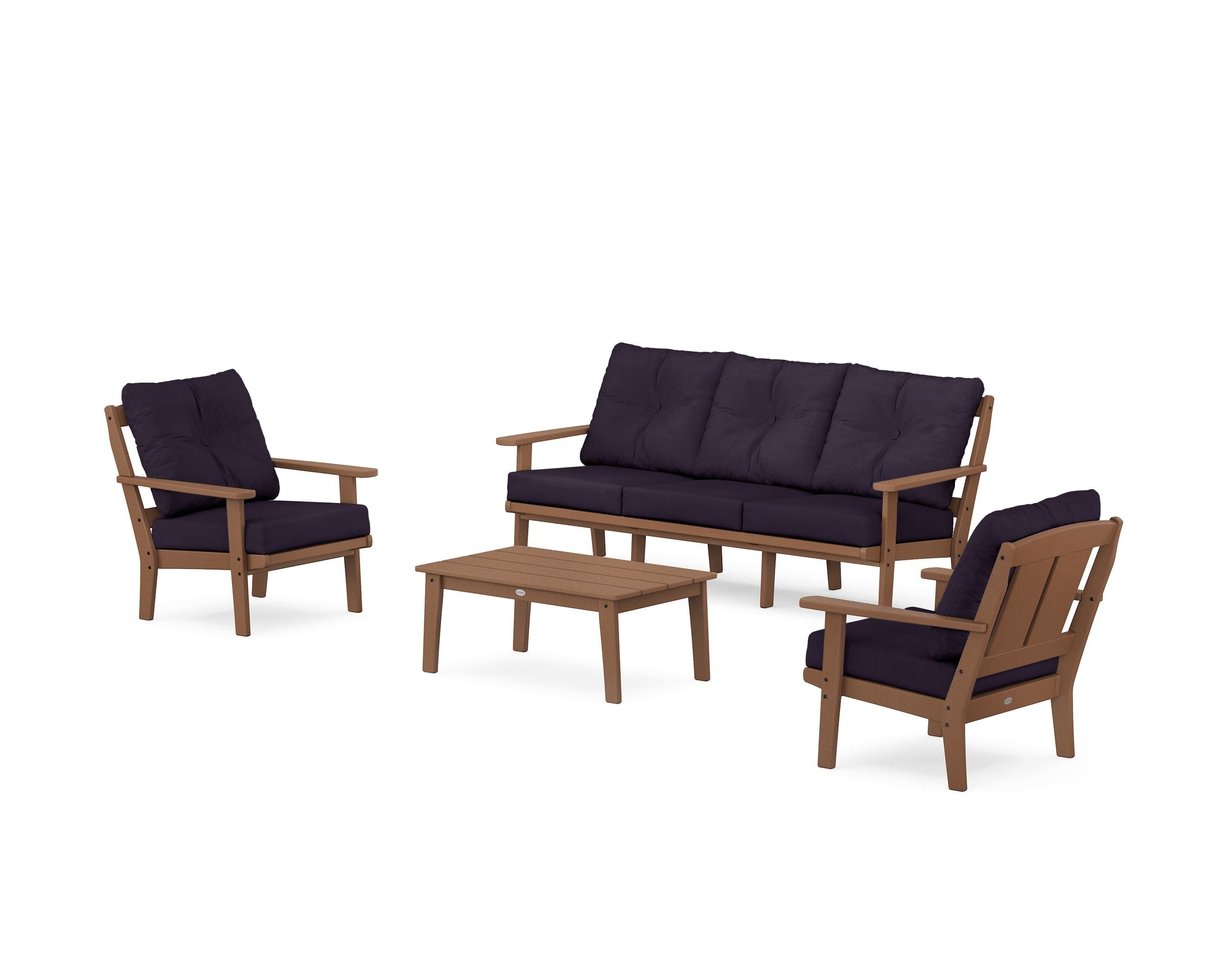 POLYWOOD Mission 4-Piece Deep Seating Set with Sofa in Teak / Navy Linen