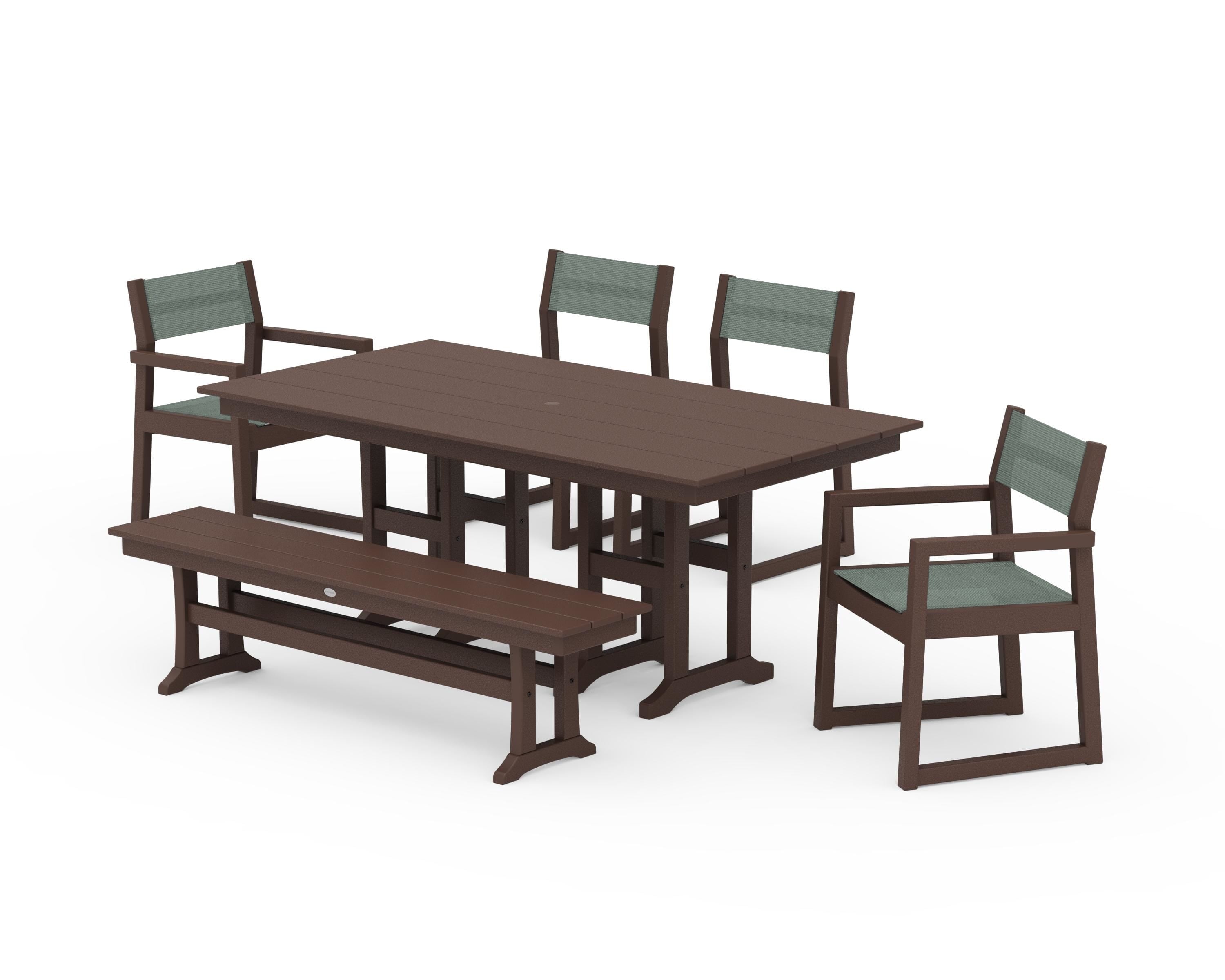 POLYWOOD EDGE Sling 6-Piece Farmhouse Dining Set in Mahogany / Dupioni Sea Mist Sling
