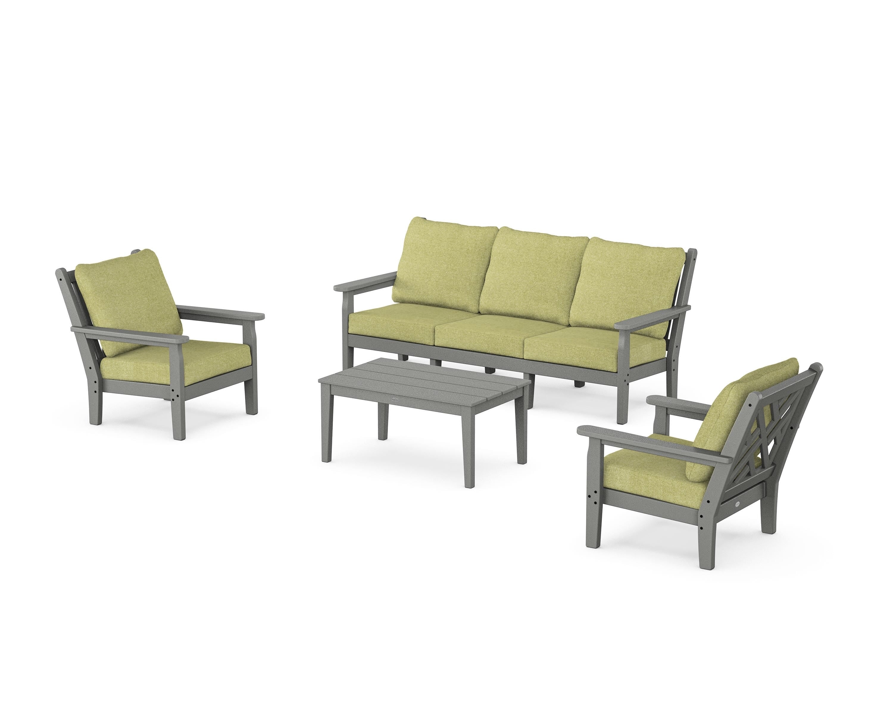 POLYWOOD Chippendale 4-Piece Deep Seating Set with Sofa in Slate Grey / Chartreuse Boucle